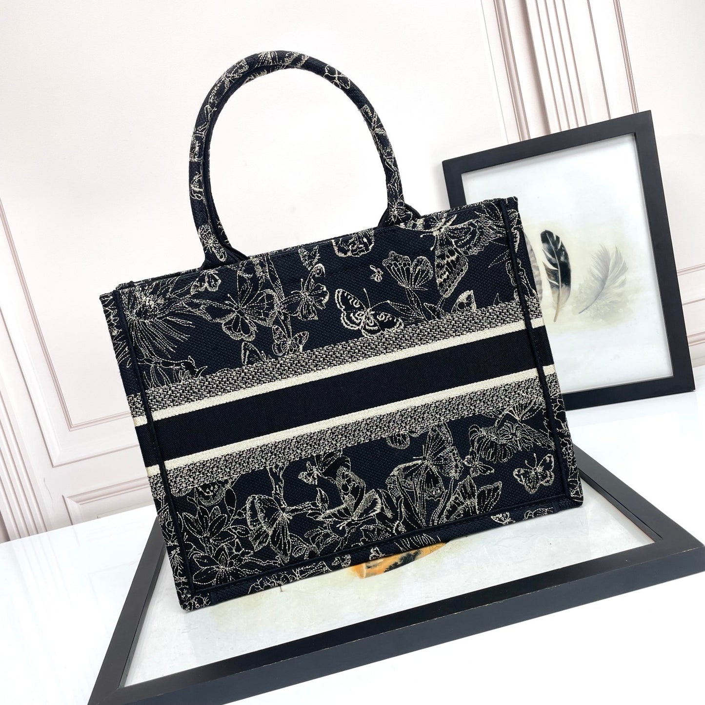 Dior Luxury Butterfly Embroidered Canvas Tote Bag with Top Handles