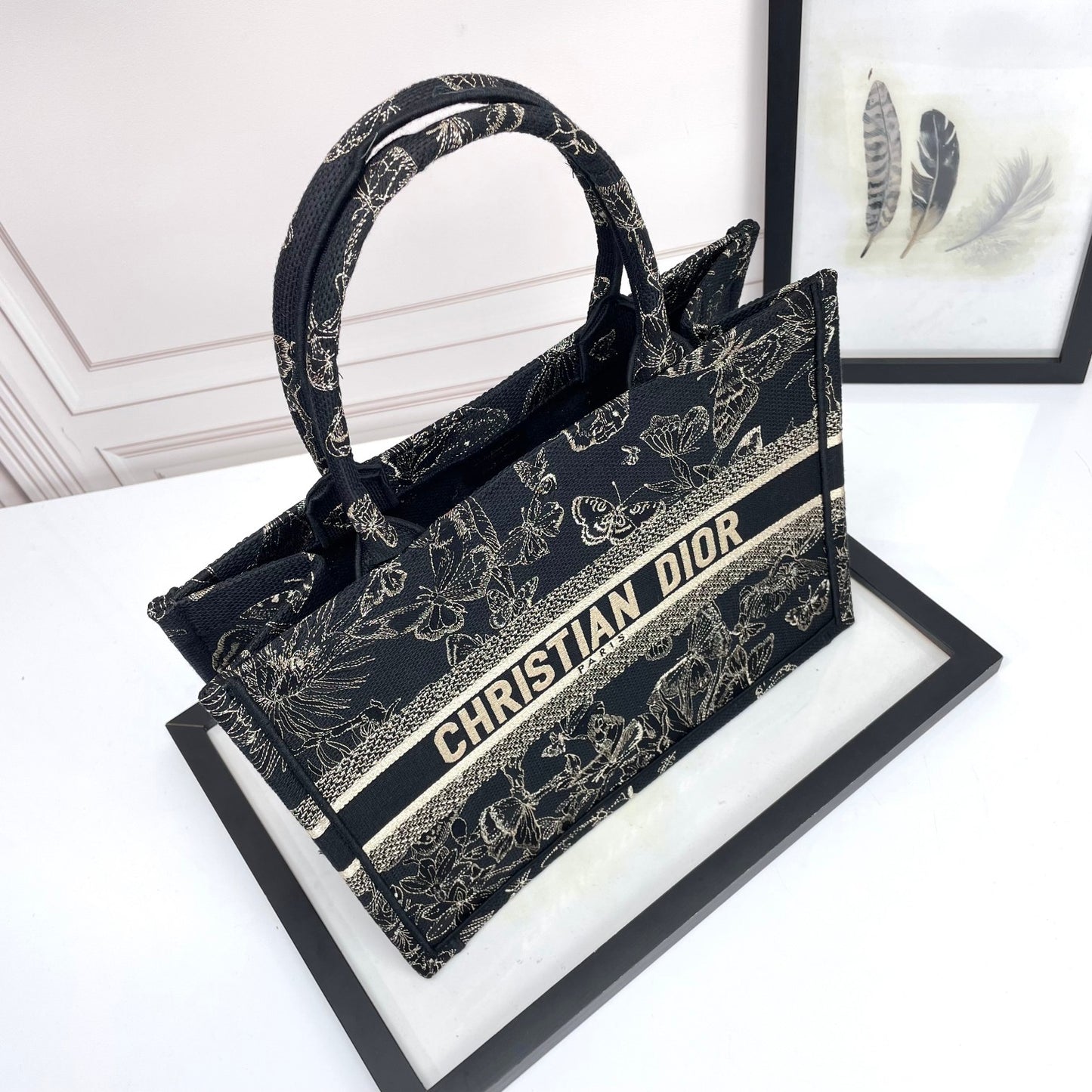 Christian Dior Medium Book Tote Black and Beige Butterfly Embroidered Canvas
