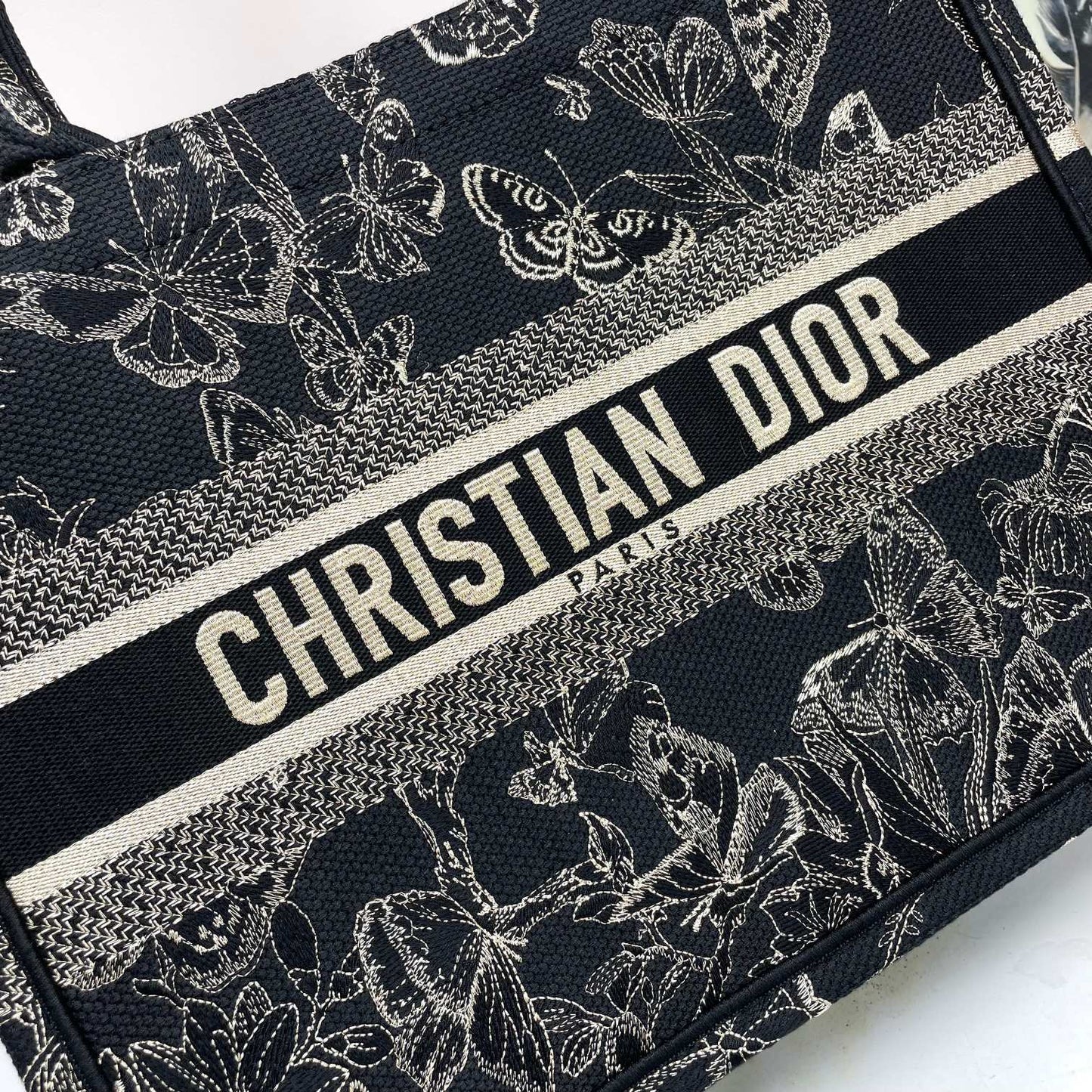 Dior Black and White Embroidered Butterfly Floral Canvas Tote Bag