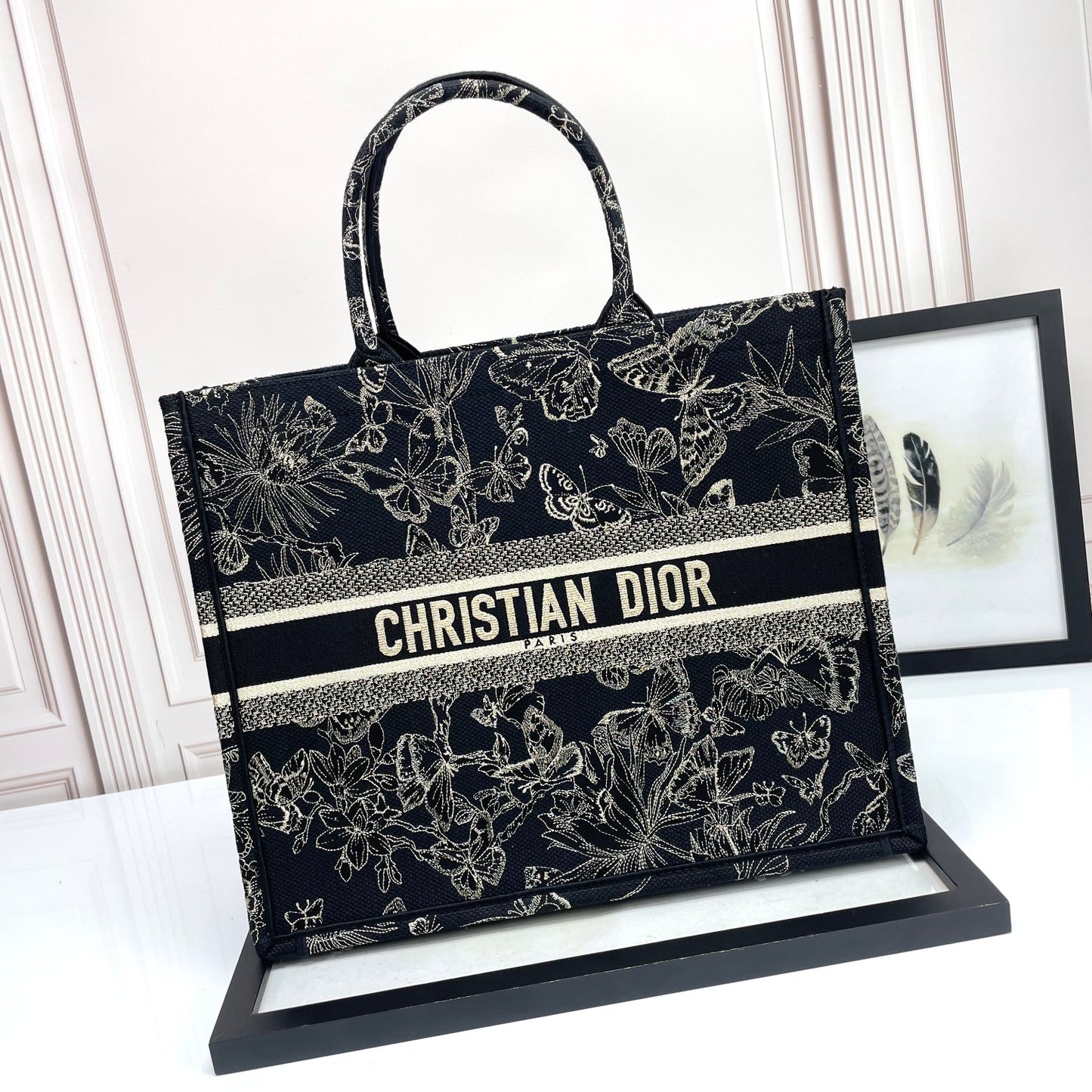 Dior Elegant Black Embroidered Butterfly and Floral Canvas Tote Handbag