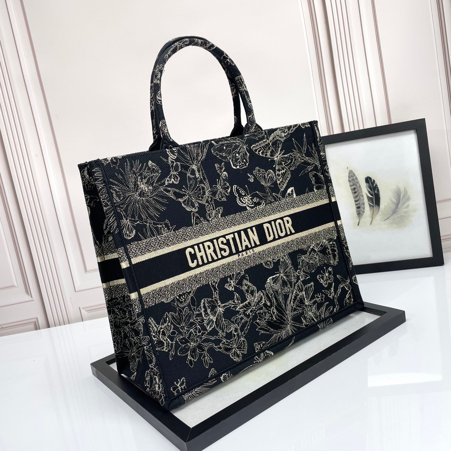 Dior Elegant Black Embroidered Butterfly and Floral Canvas Tote Handbag