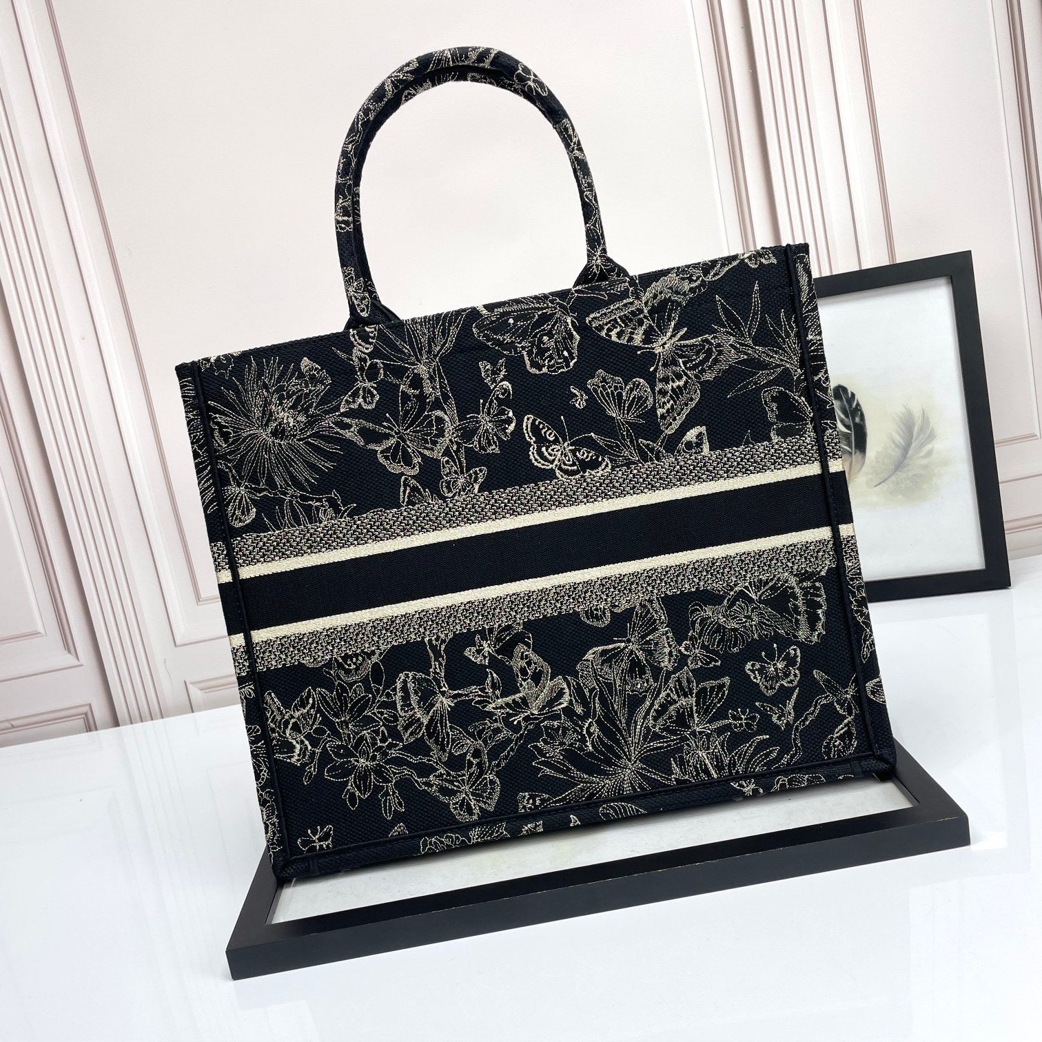 Christian Dior Book Tote Black with Gold Butterfly Embroidery Canvas Handbag