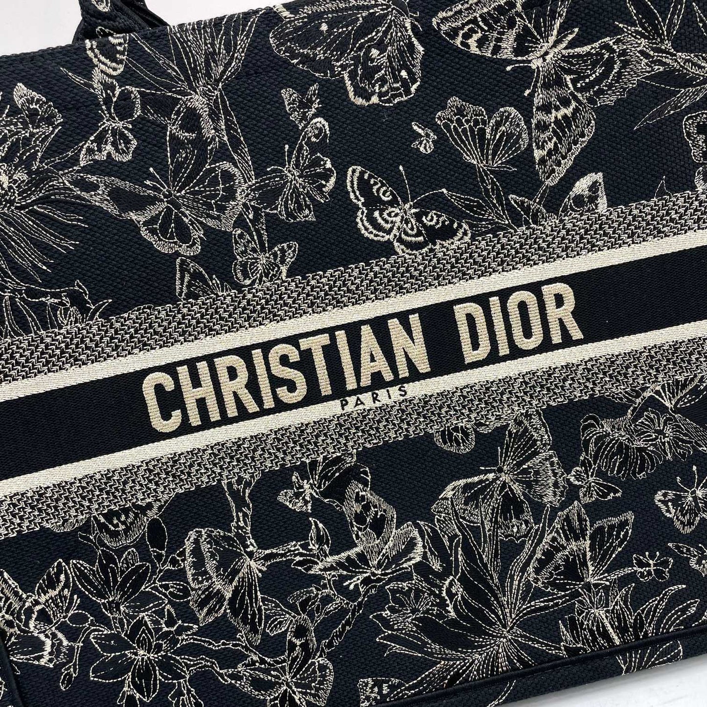 Dior Elegant Black Embroidered Butterfly and Floral Canvas Tote Handbag