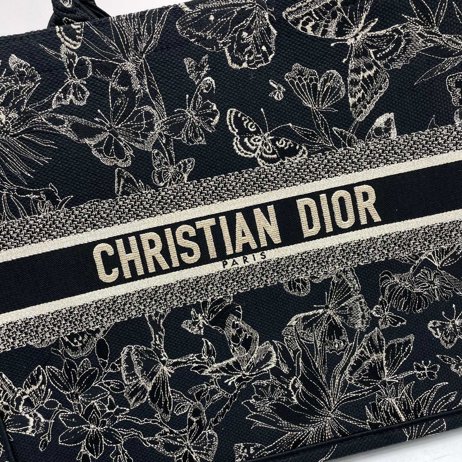 Christian Dior Large Book Tote Black and White Butterfly Embroidery Bag