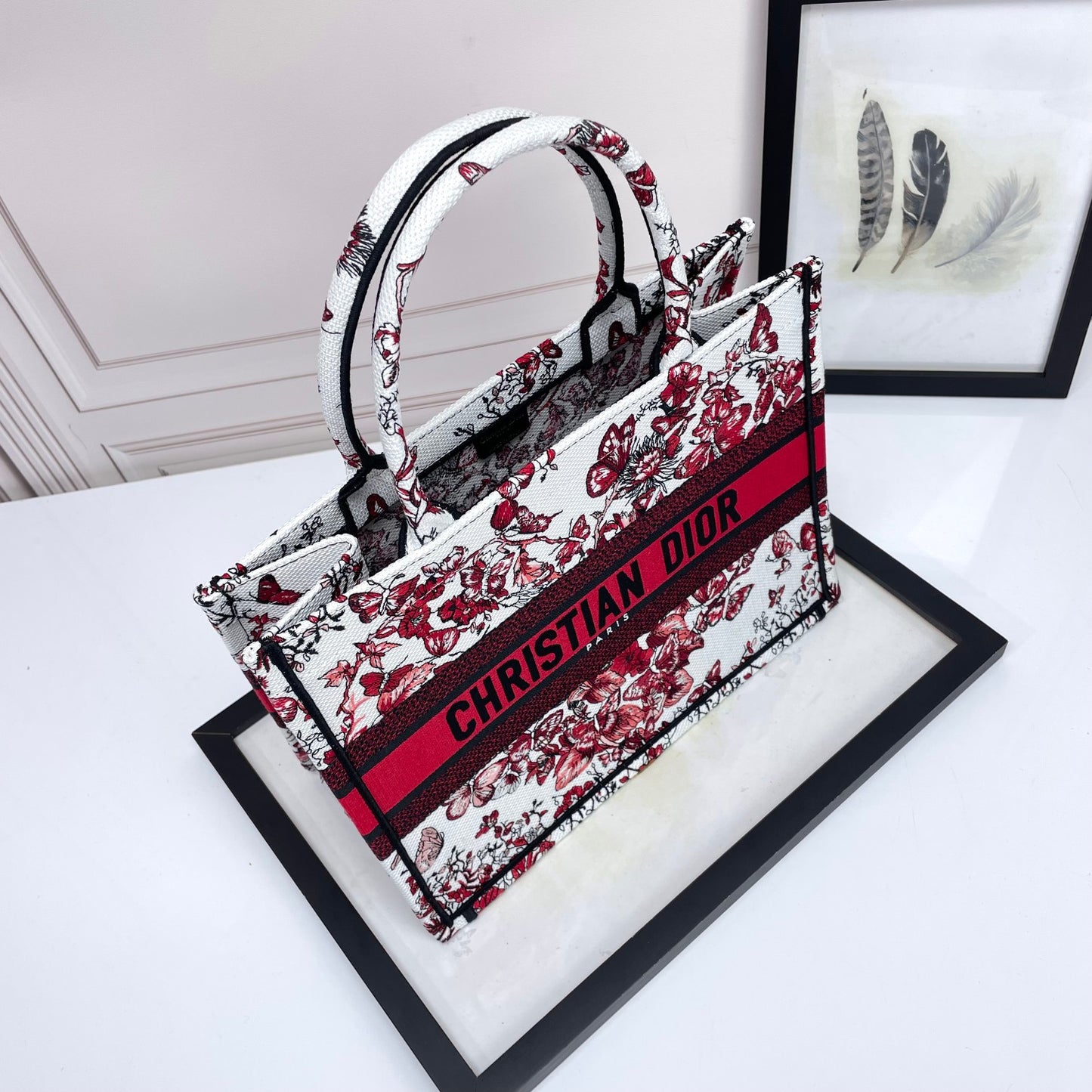 Dior Red Floral Butterfly Canvas Tote Bag Top Handle Handbag