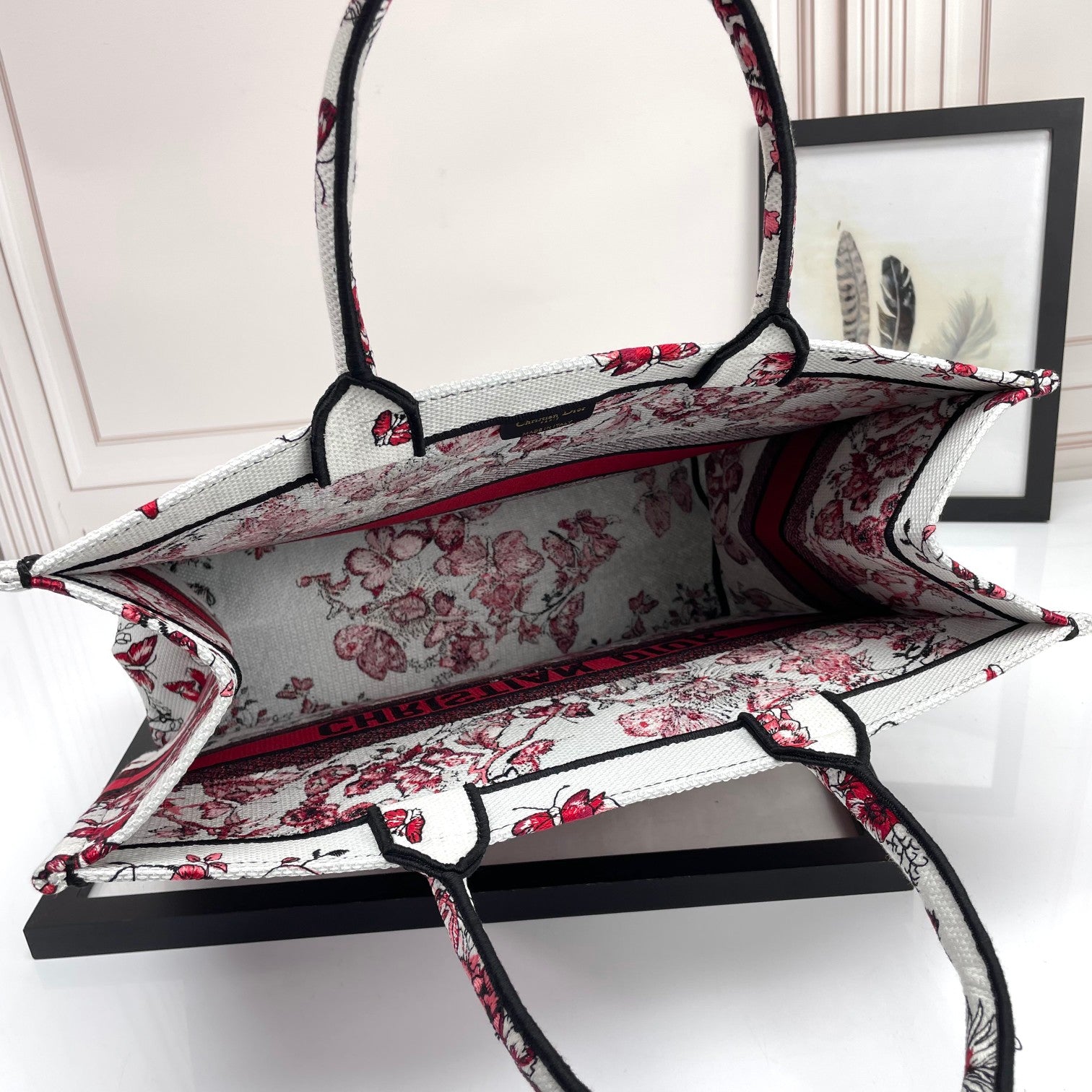 Christian Dior Large Book Tote Red and White Butterfly Floral Embroidery Canvas Bag