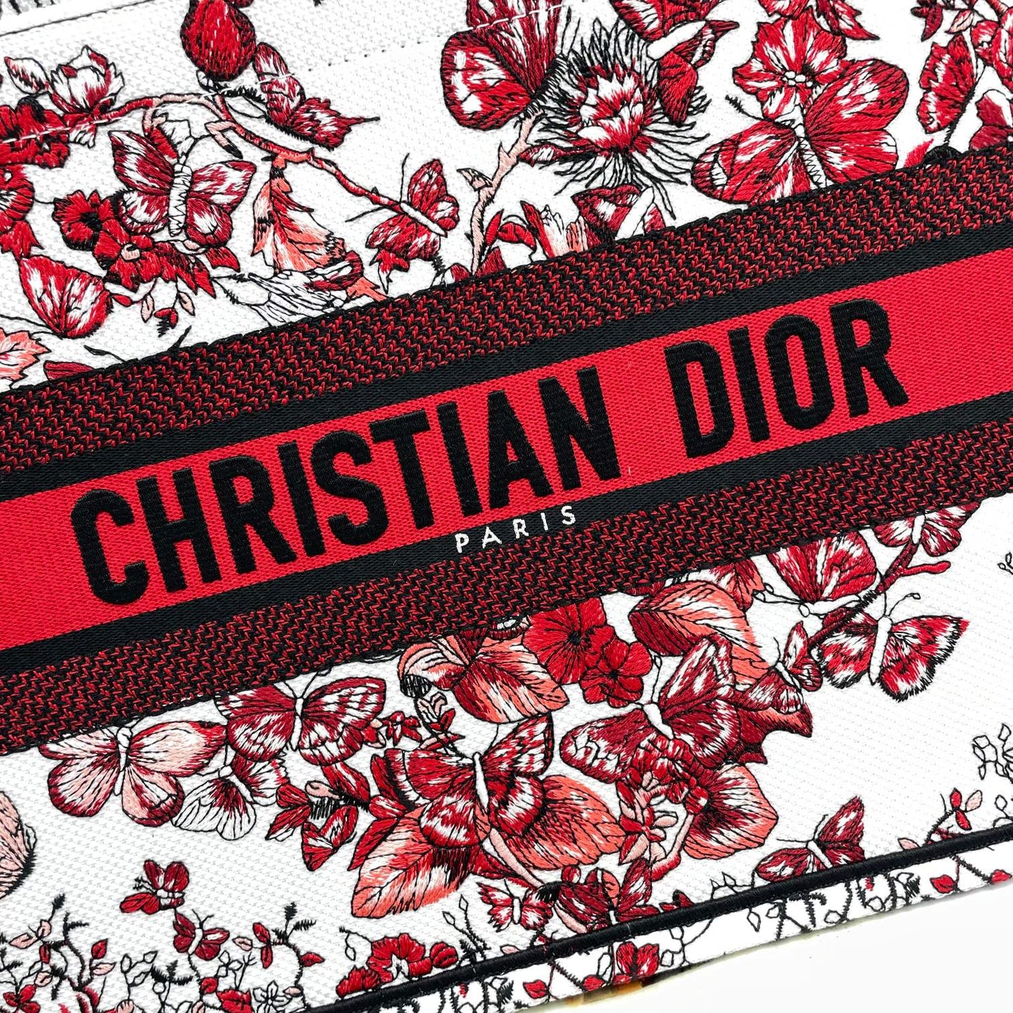 Dior Red Floral Butterfly Canvas Tote Bag Top Handle Handbag