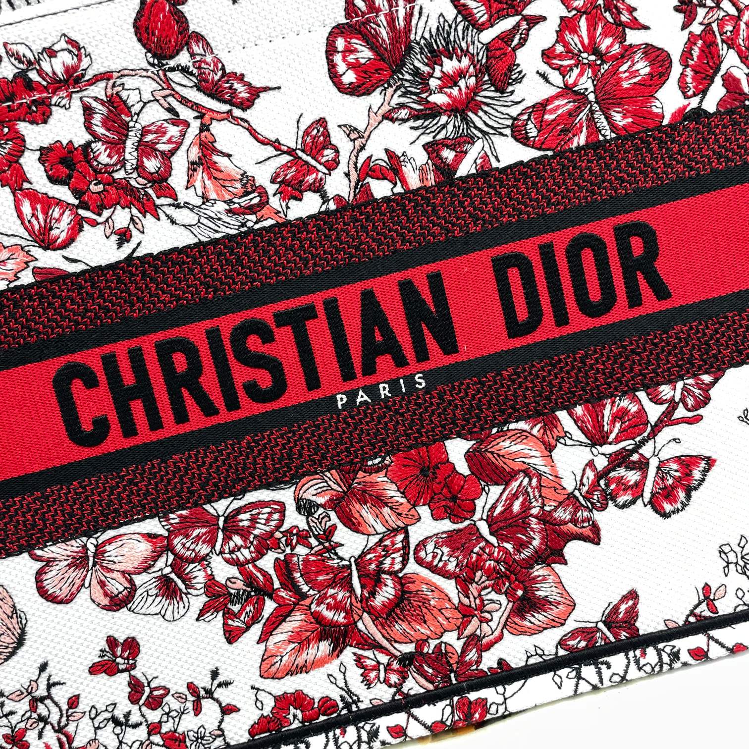 Dior Luxury Floral Butterfly Canvas Tote Bag Red Embroidered Handbag