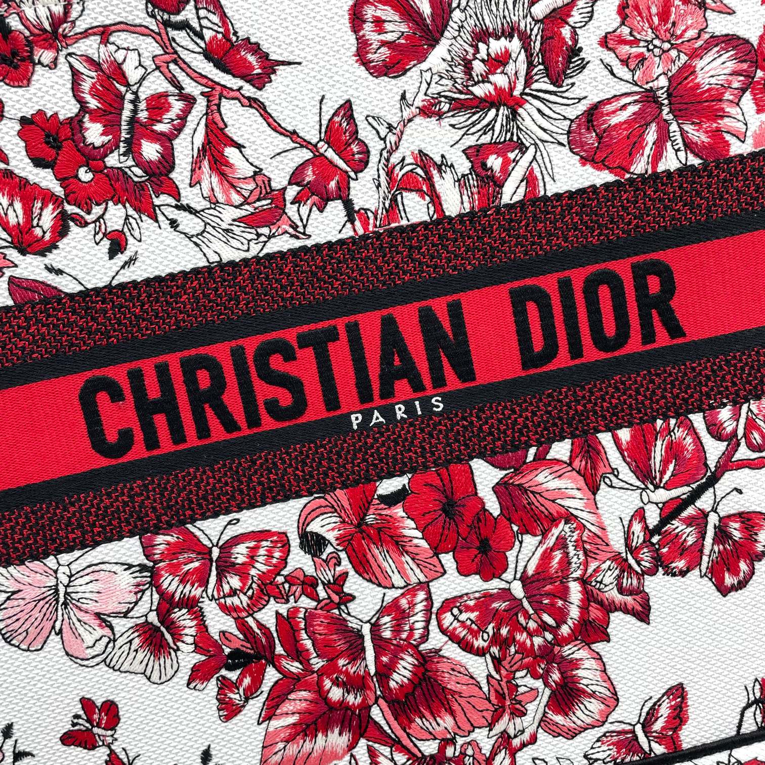 Dior Red Butterfly Floral Embroidered Canvas Large Tote Handbag