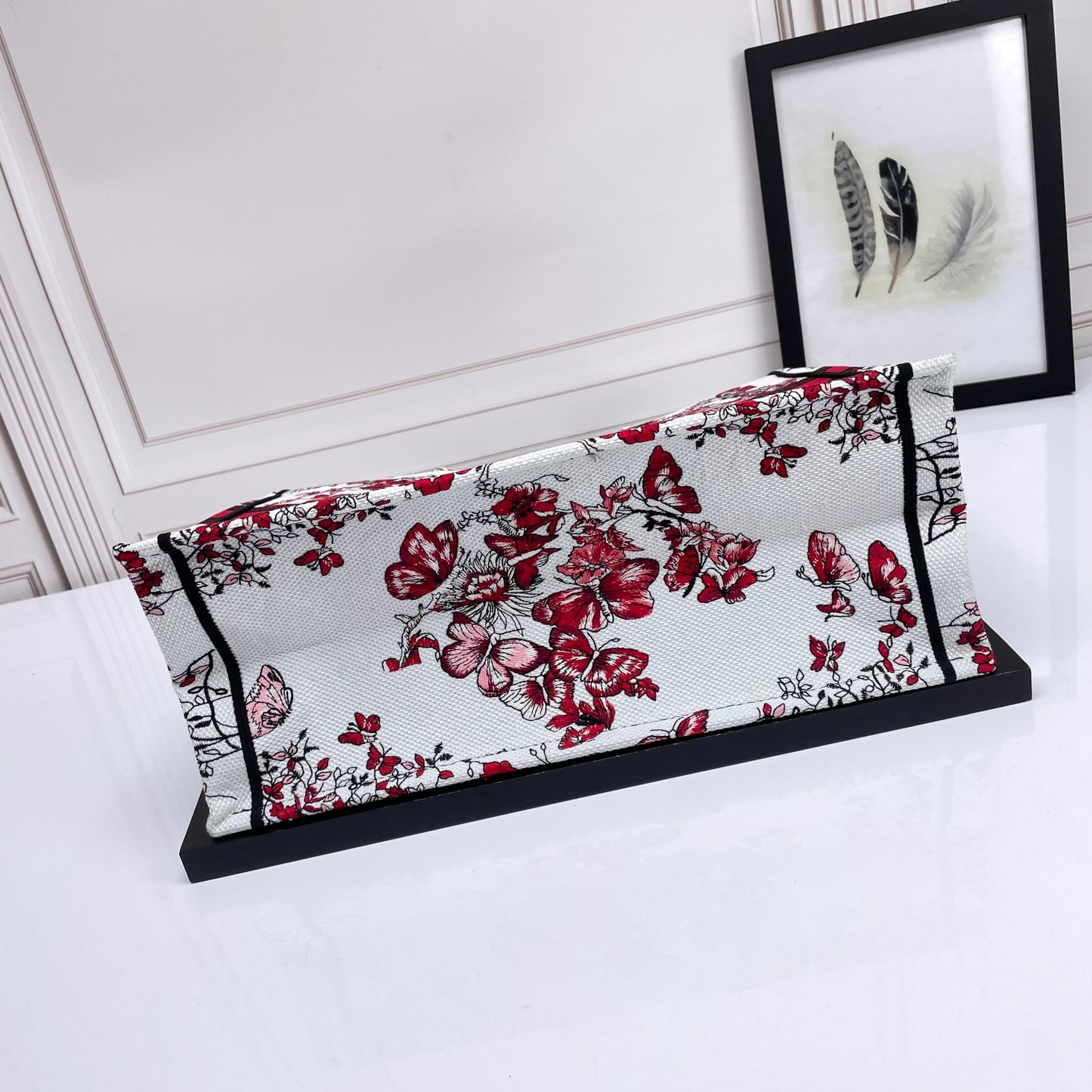 Christian Dior Small Book Tote - Red and White Butterfly Floral Canvas Handbag