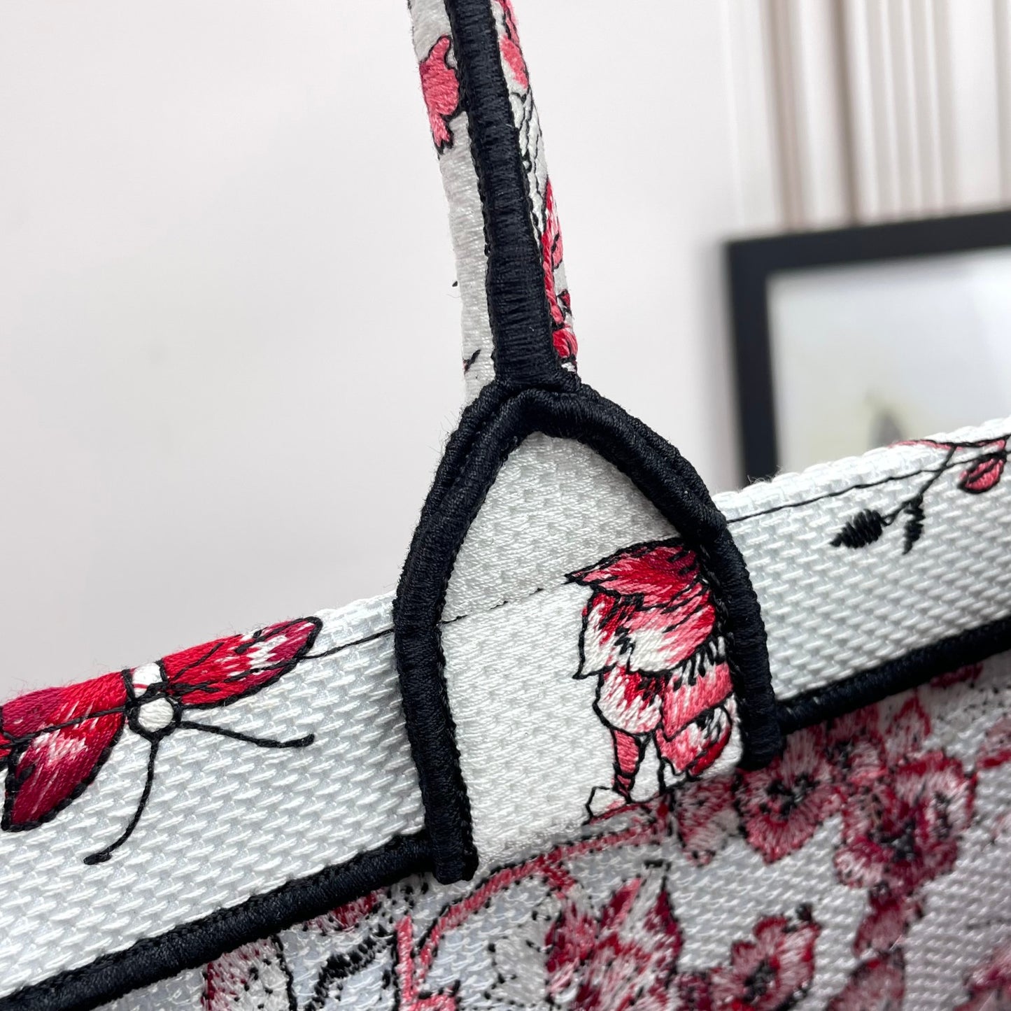 Dior Red Butterfly Floral Embroidered Canvas Large Tote Handbag