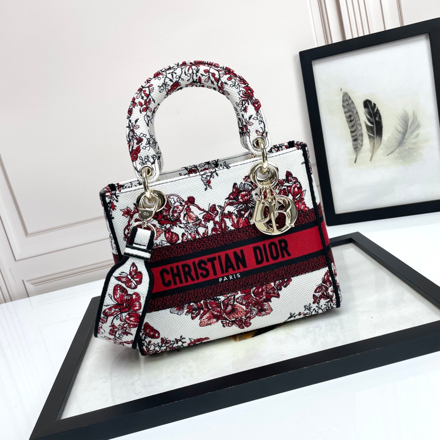 Dior Elegant Red and White Floral Butterfly Embroidered Handbag
