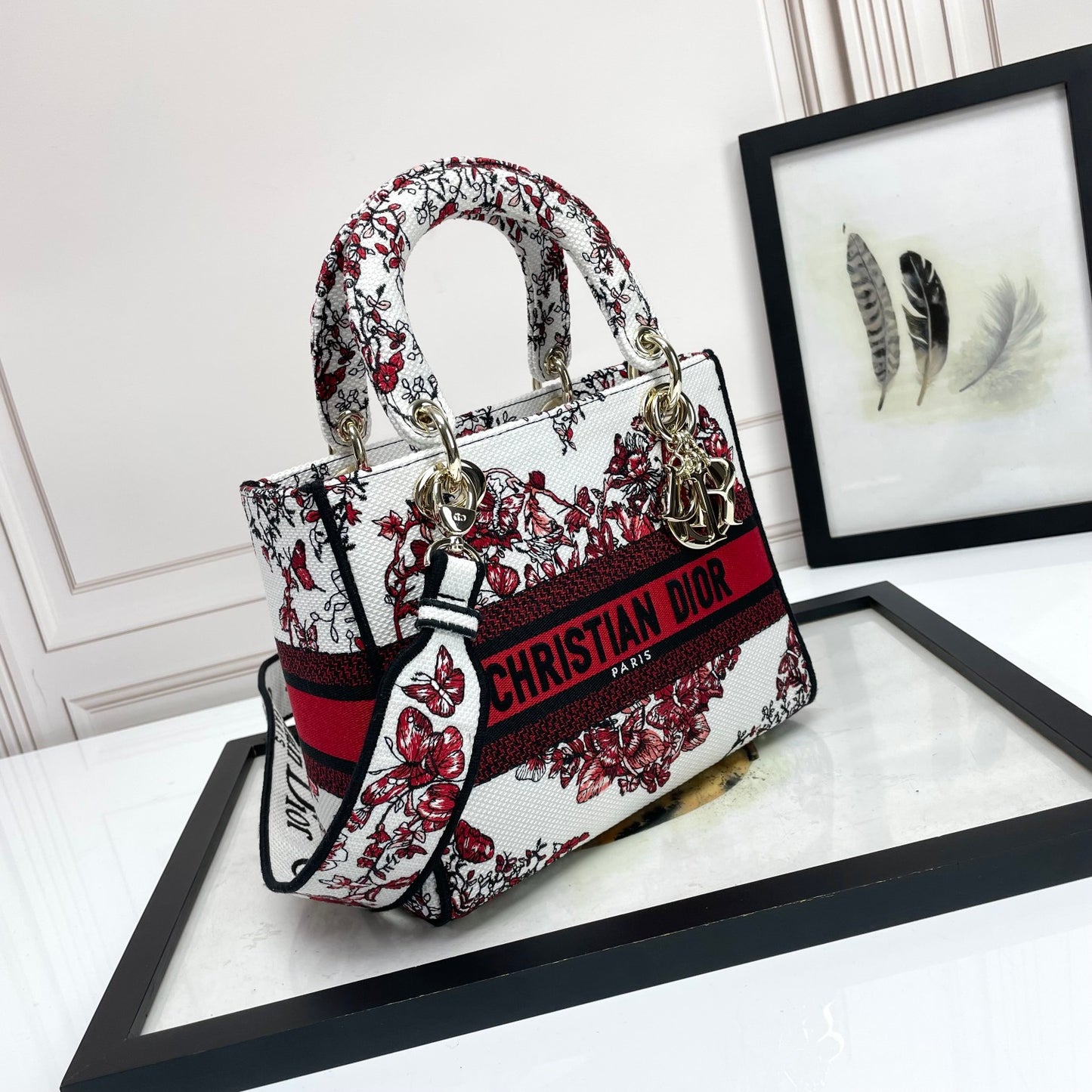 Dior Luxury Red Floral Butterfly Embroidered Handbag with Wide Strap