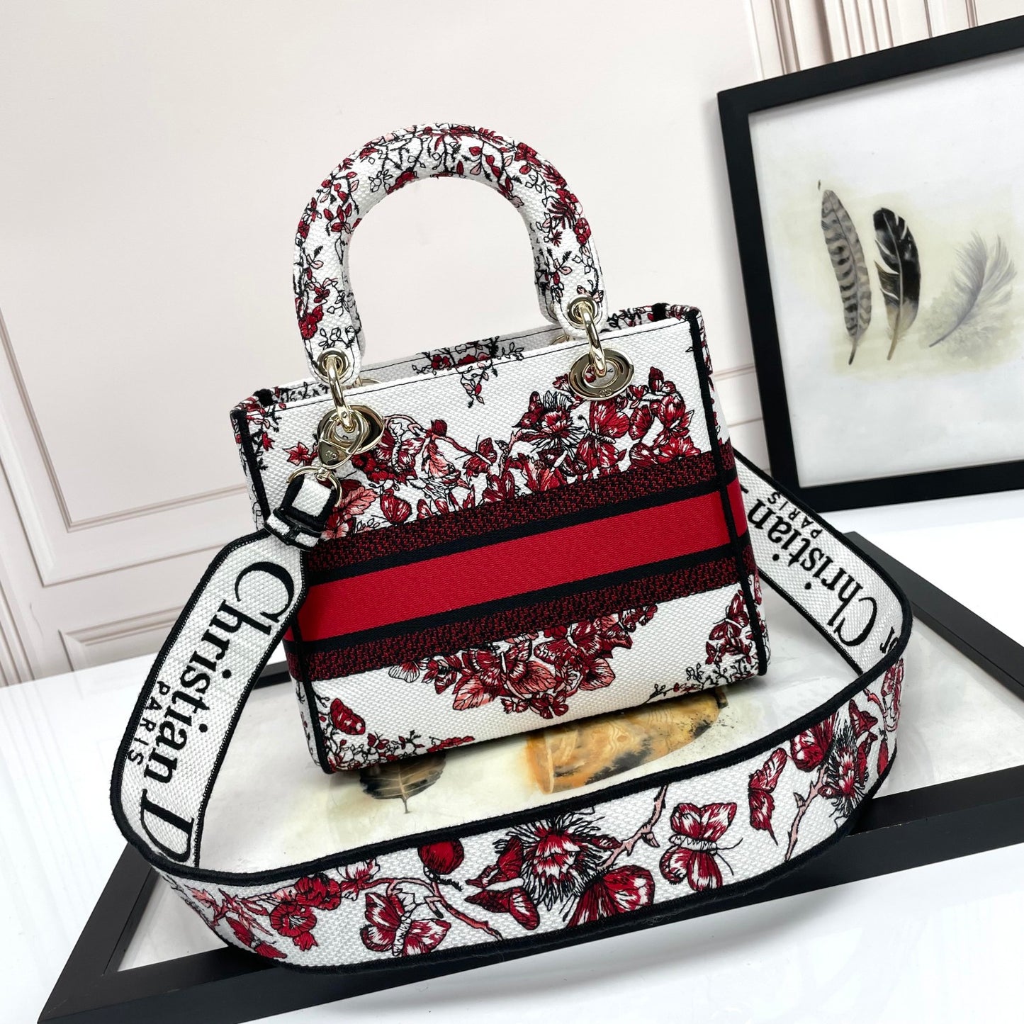 Christian Dior Lady D-Lite Handbag - Red and White Butterfly Embroidery