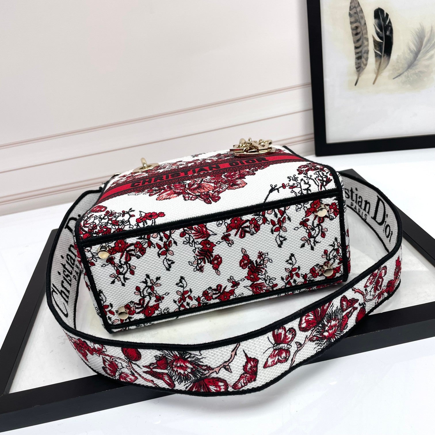 Christian Dior Lady D-Lite Bag - Red and White Butterfly Embroidered Canvas