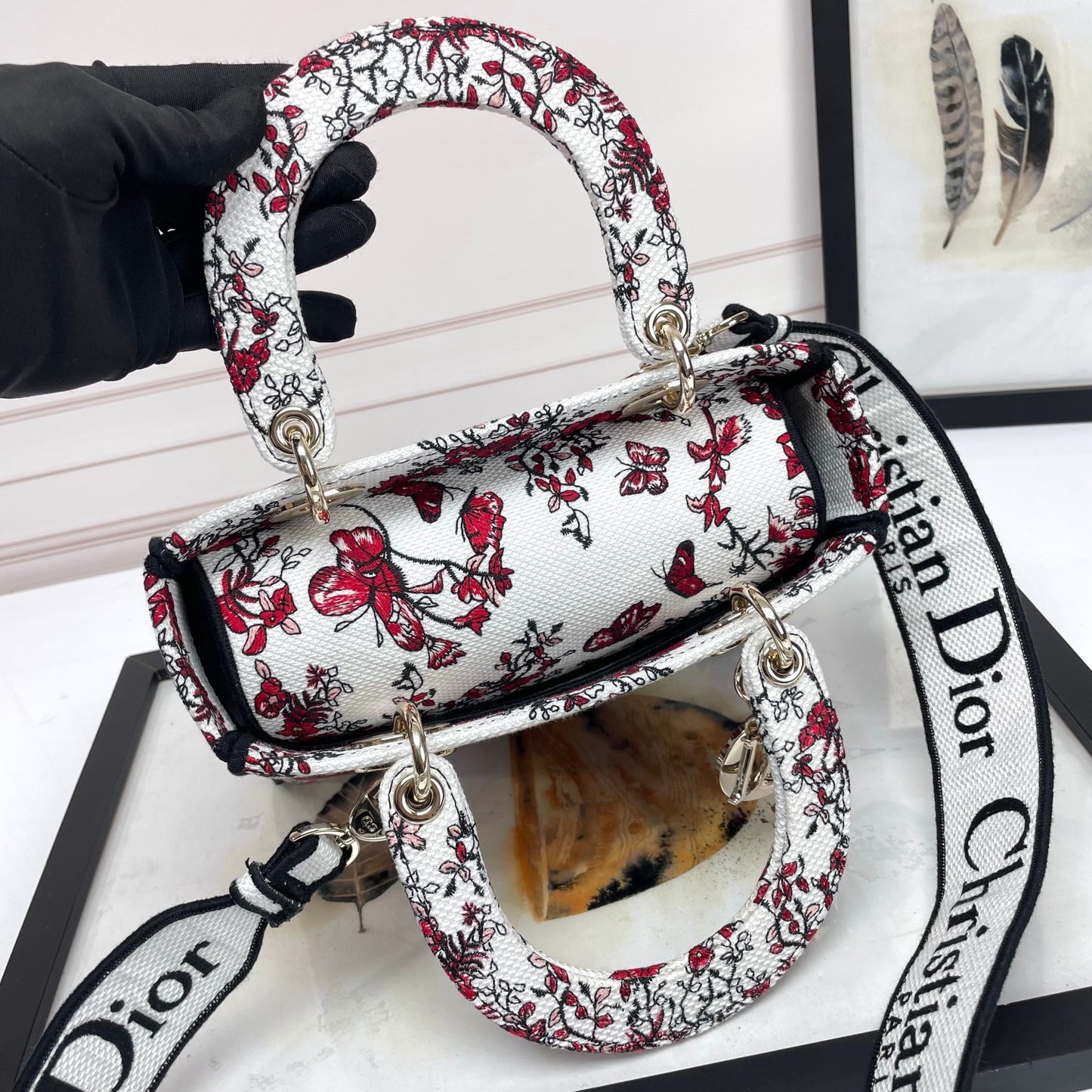 Dior Elegant Red and White Floral Butterfly Embroidered Handbag