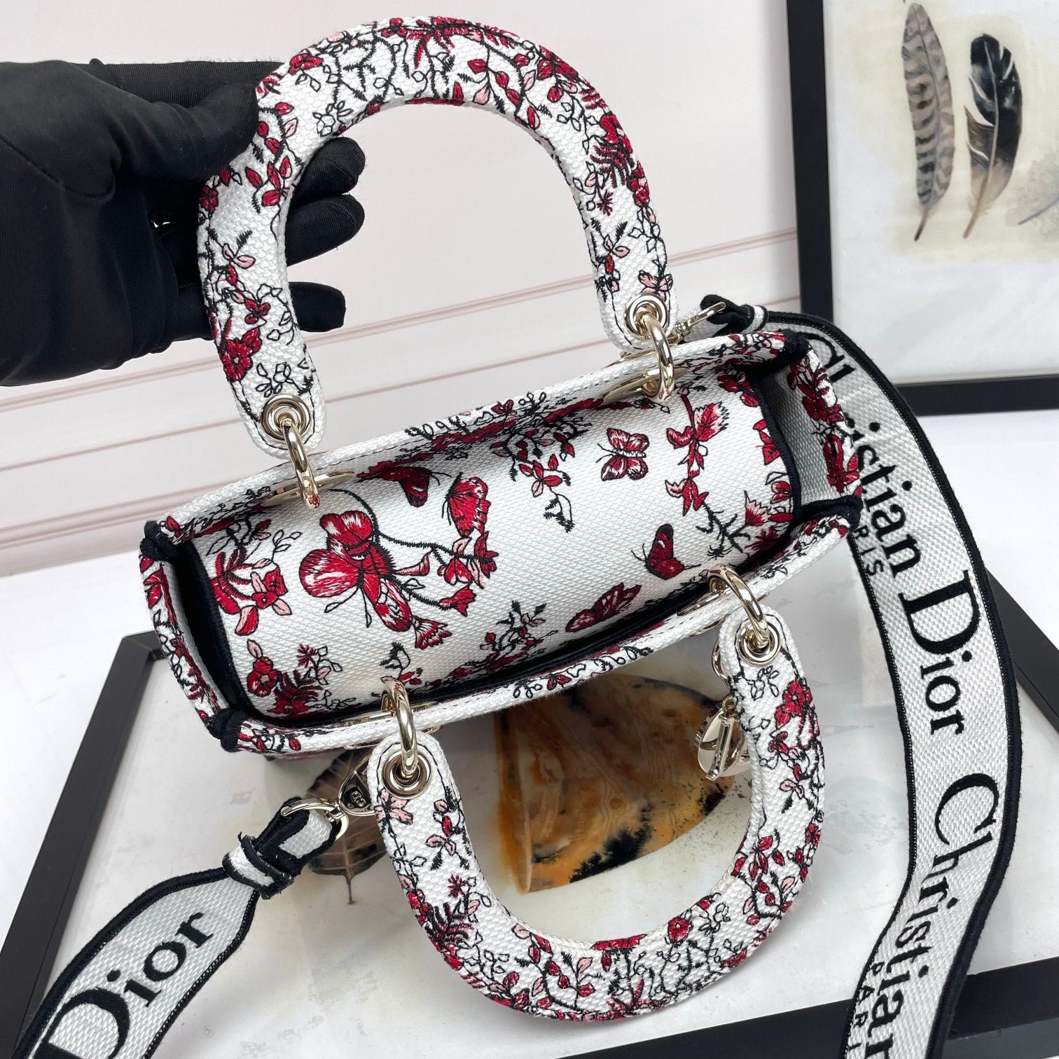 Dior Luxury Red Floral Butterfly Embroidered Handbag with Wide Strap