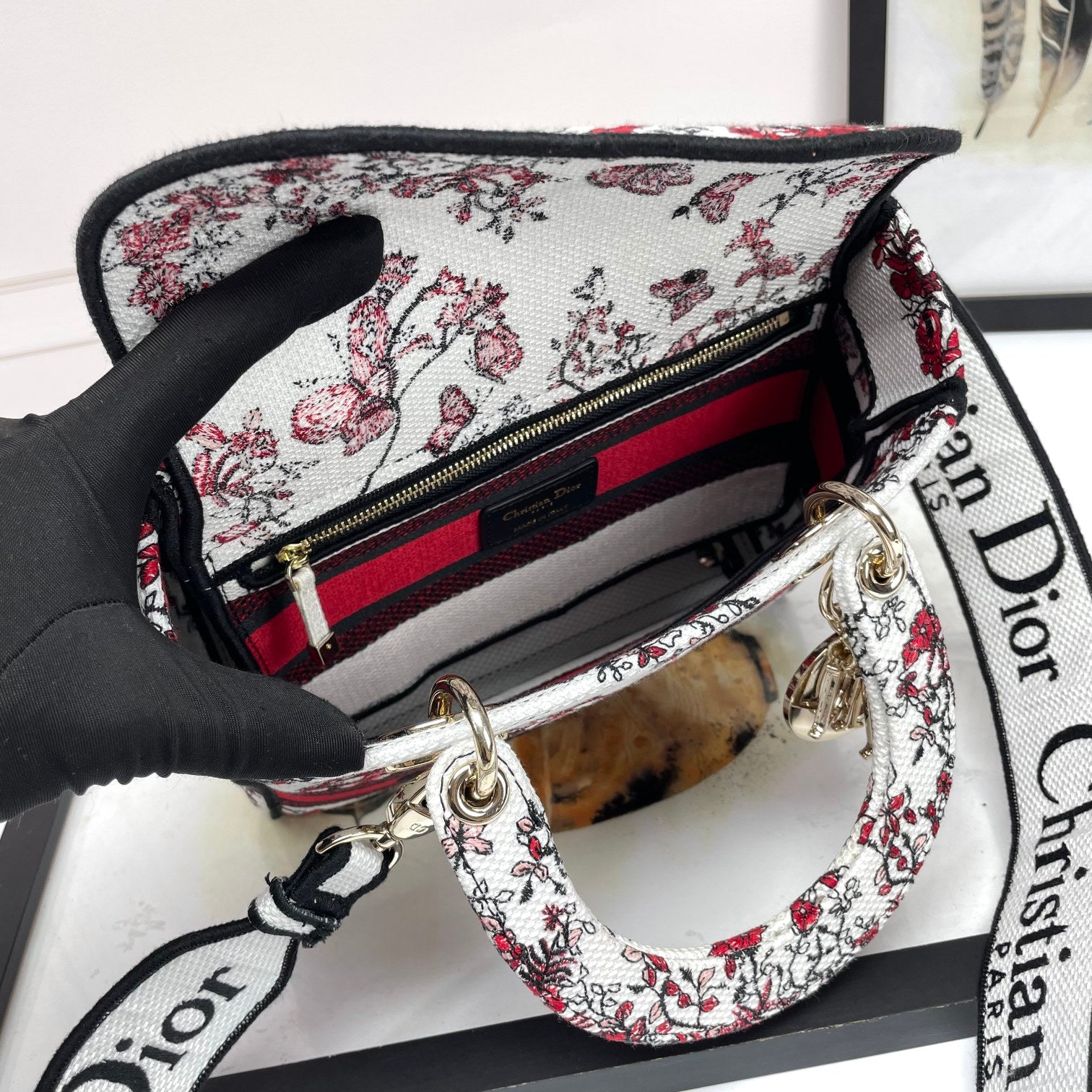 Dior Red Floral Butterfly Embroidered Canvas Top Handle Handbag