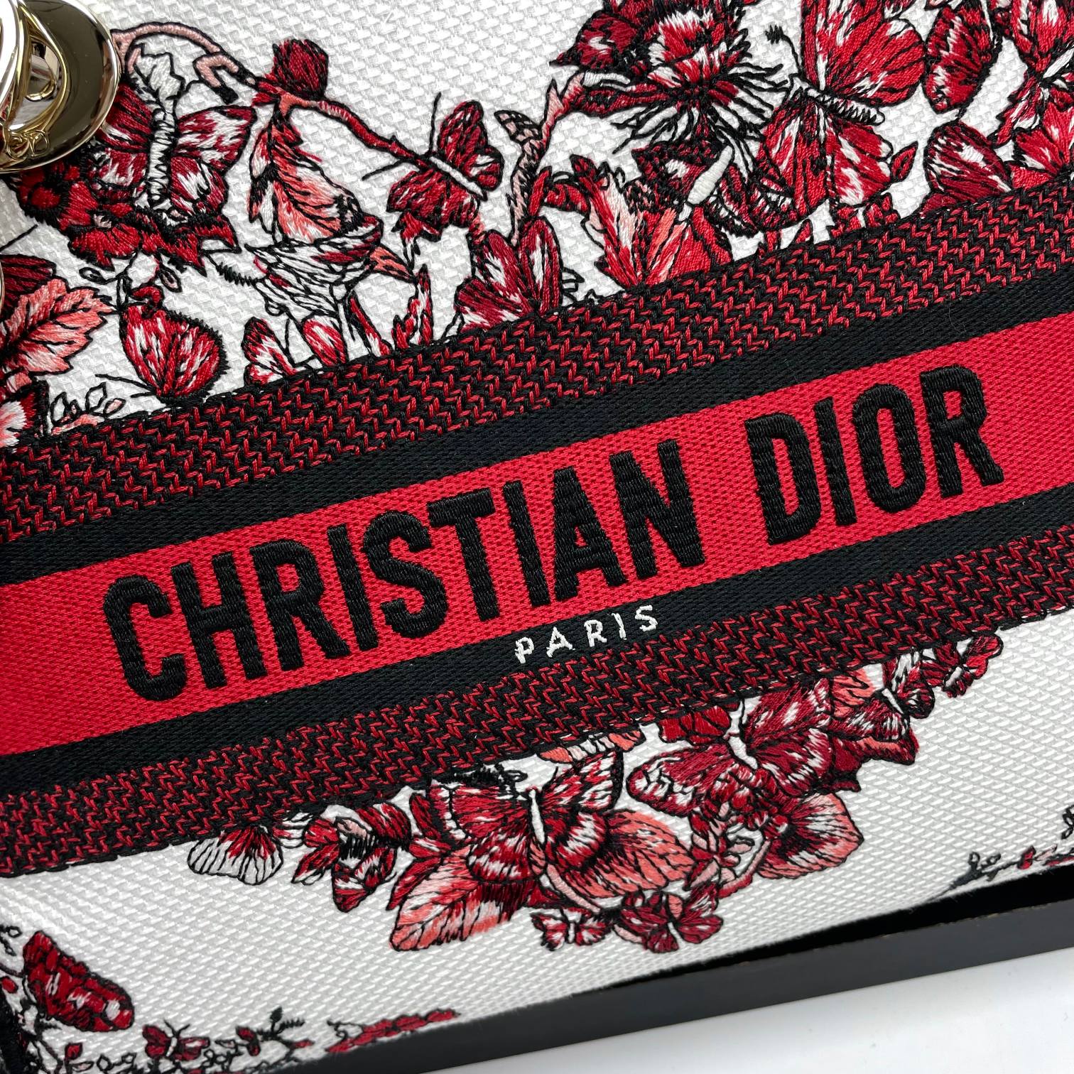 Dior Elegant Red and White Floral Butterfly Embroidered Handbag