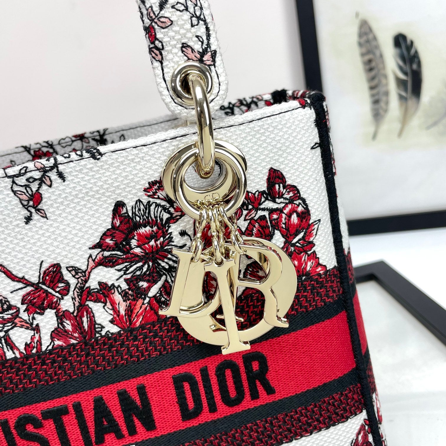 Dior Red Floral and Butterfly Embroidered Canvas Top Handle Bag
