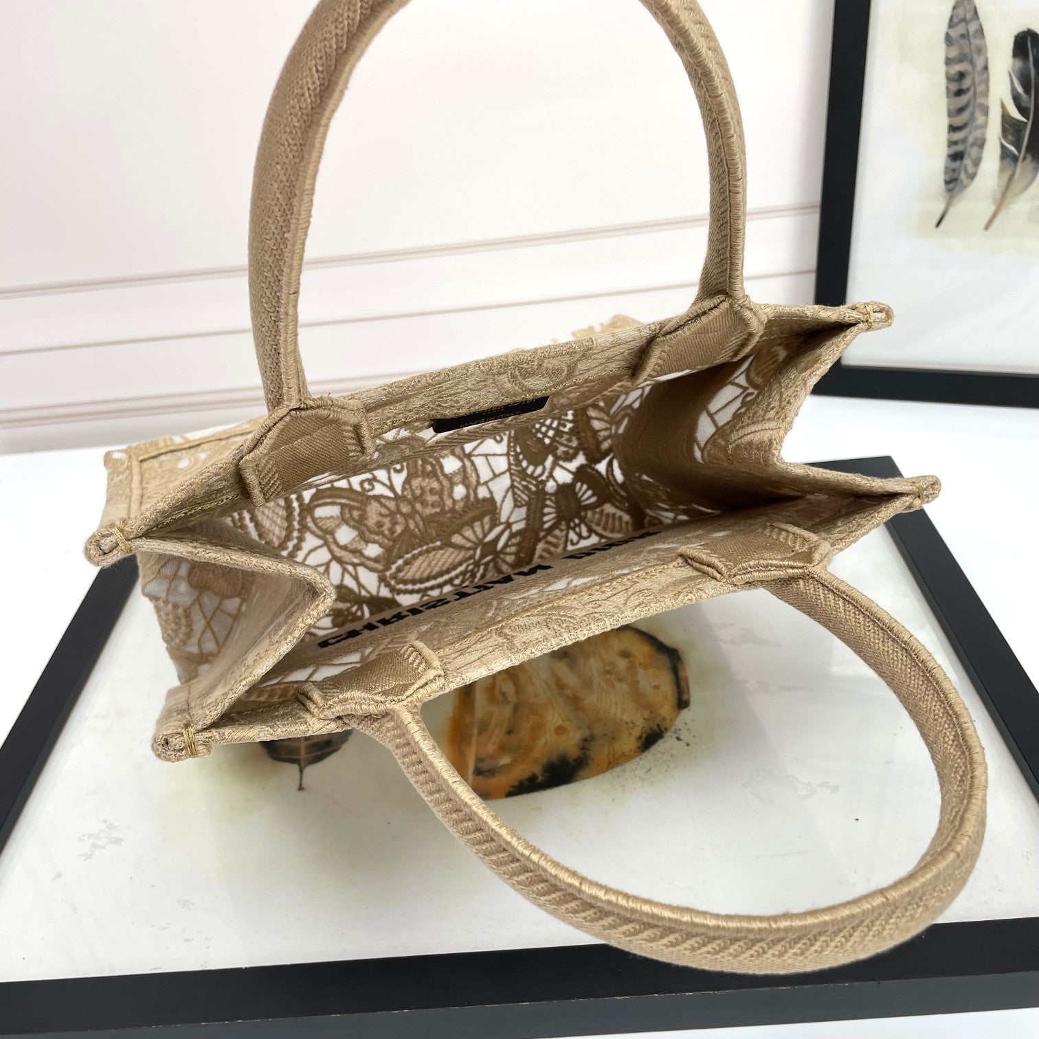 Christian Dior Small Book Tote Bag in Beige Lace Embroidery