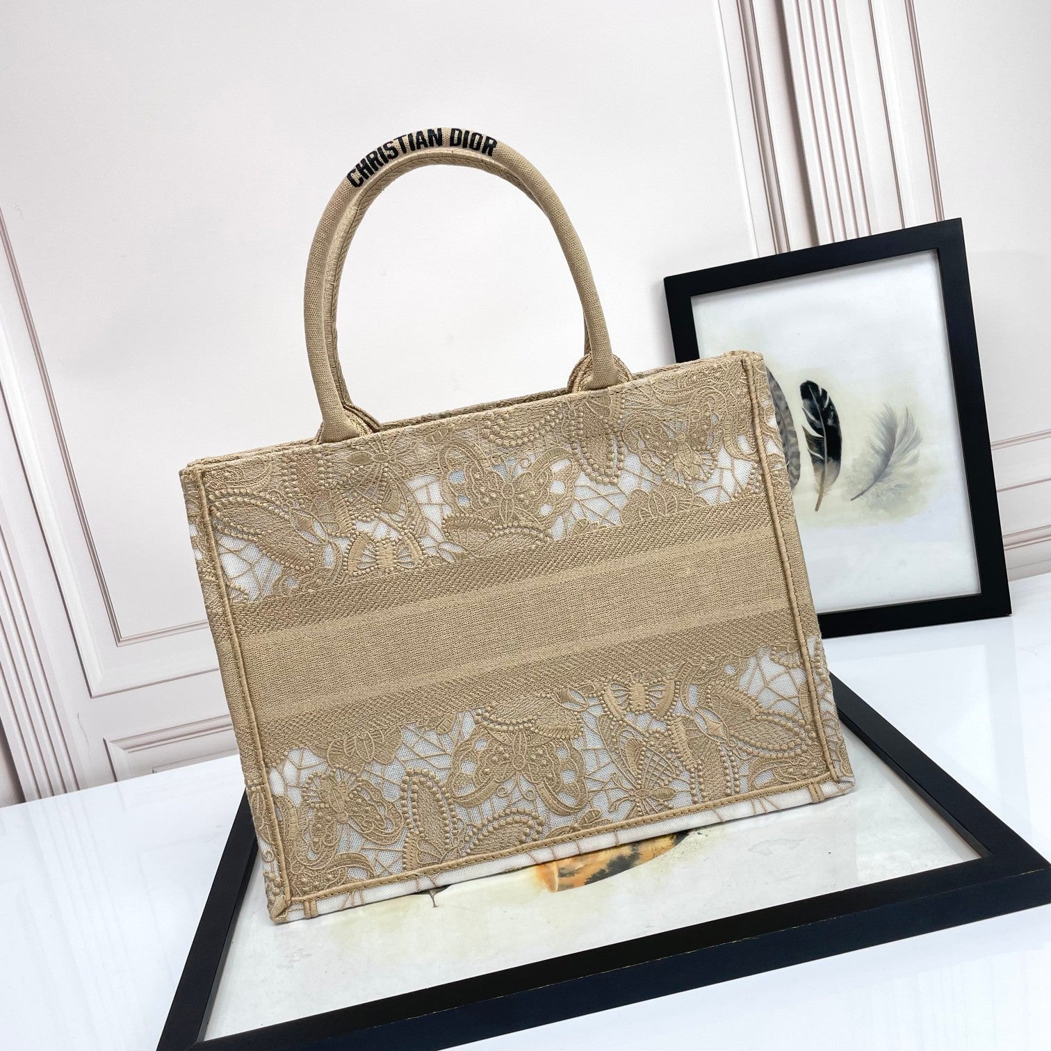 Dior Elegant Beige Canvas Tote Bag with White Lace Embroidery
