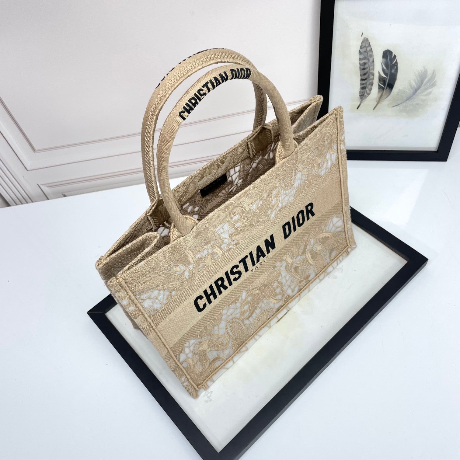 Dior Elegant Floral Lace Embroidered Canvas Tote Bag with Top Handles