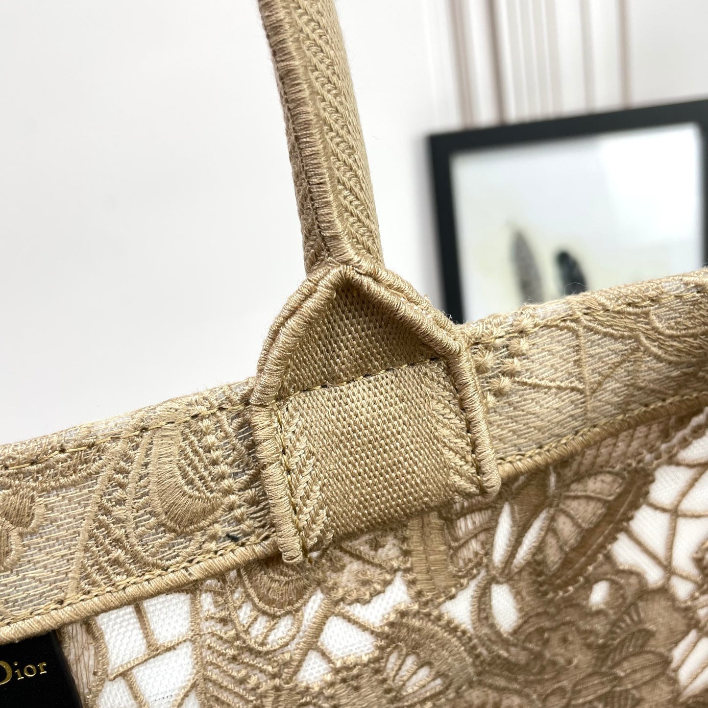 Dior Elegant Floral Lace Embroidered Canvas Tote Bag with Top Handles