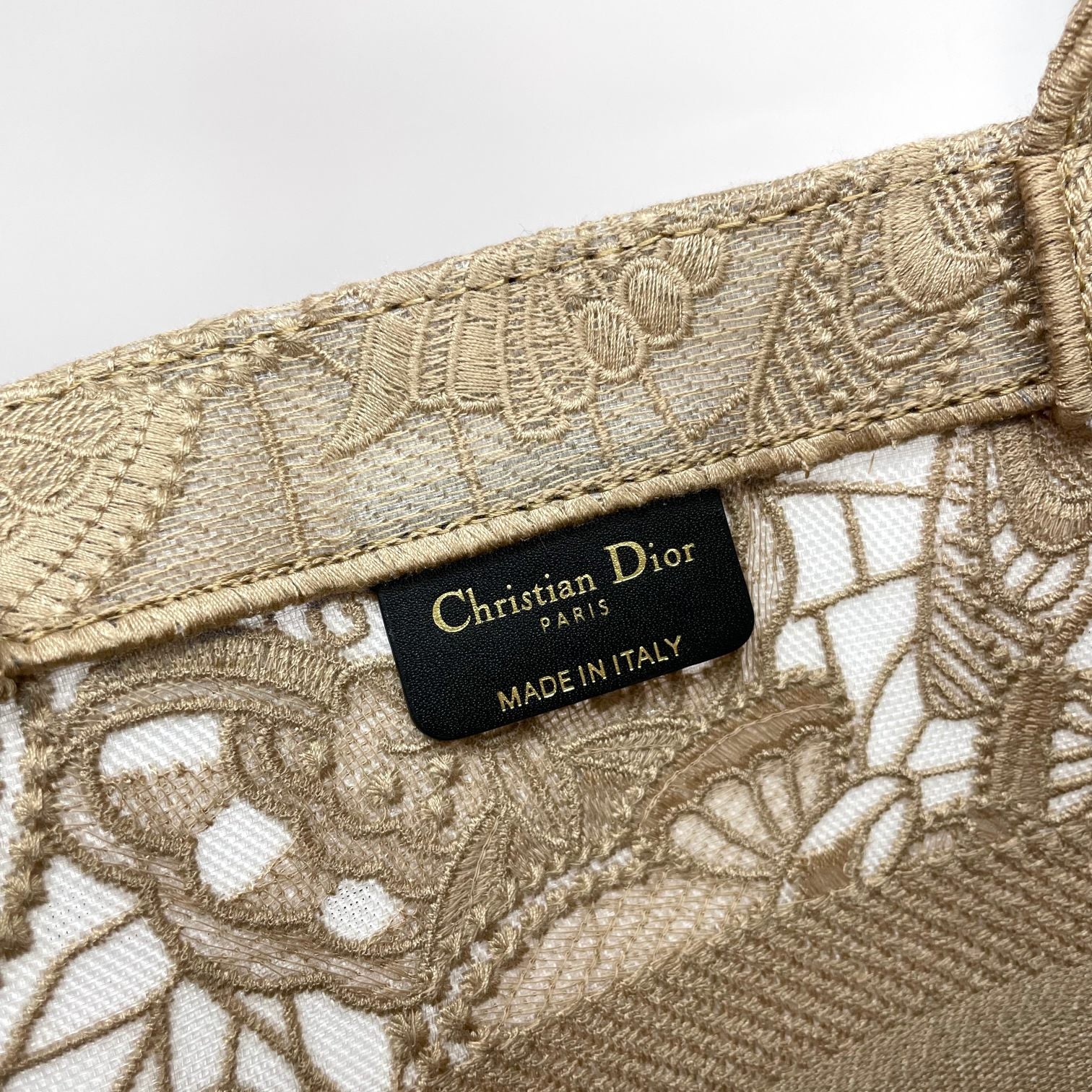 Christian Dior Medium Book Tote - Beige Canvas with White Lace Embroidery