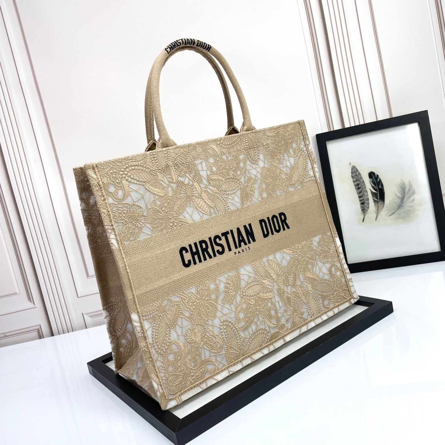 Dior Elegant Beige Floral Lace Embroidered Canvas Tote Bag
