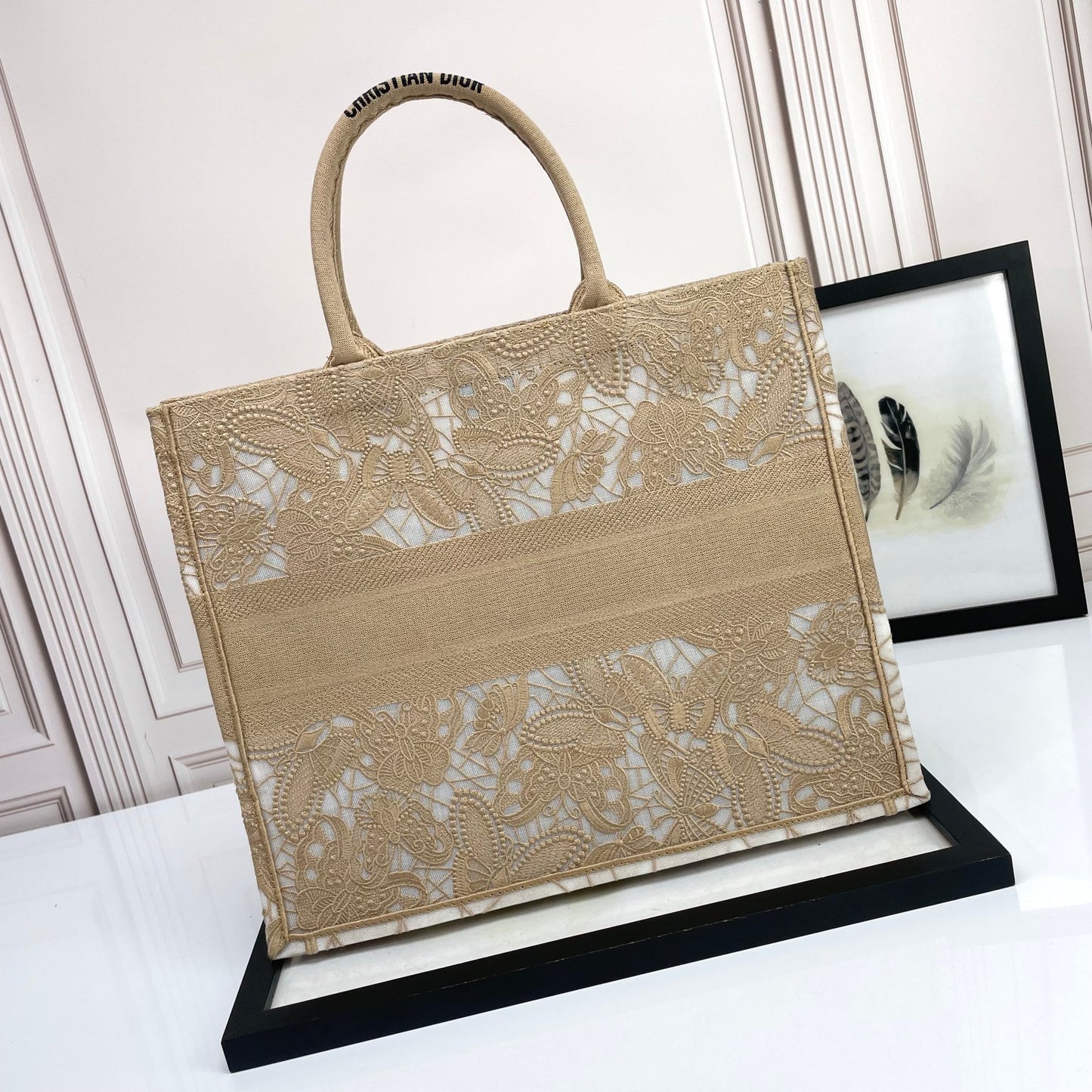 Dior Elegant Beige Floral Lace Embroidered Canvas Tote Bag