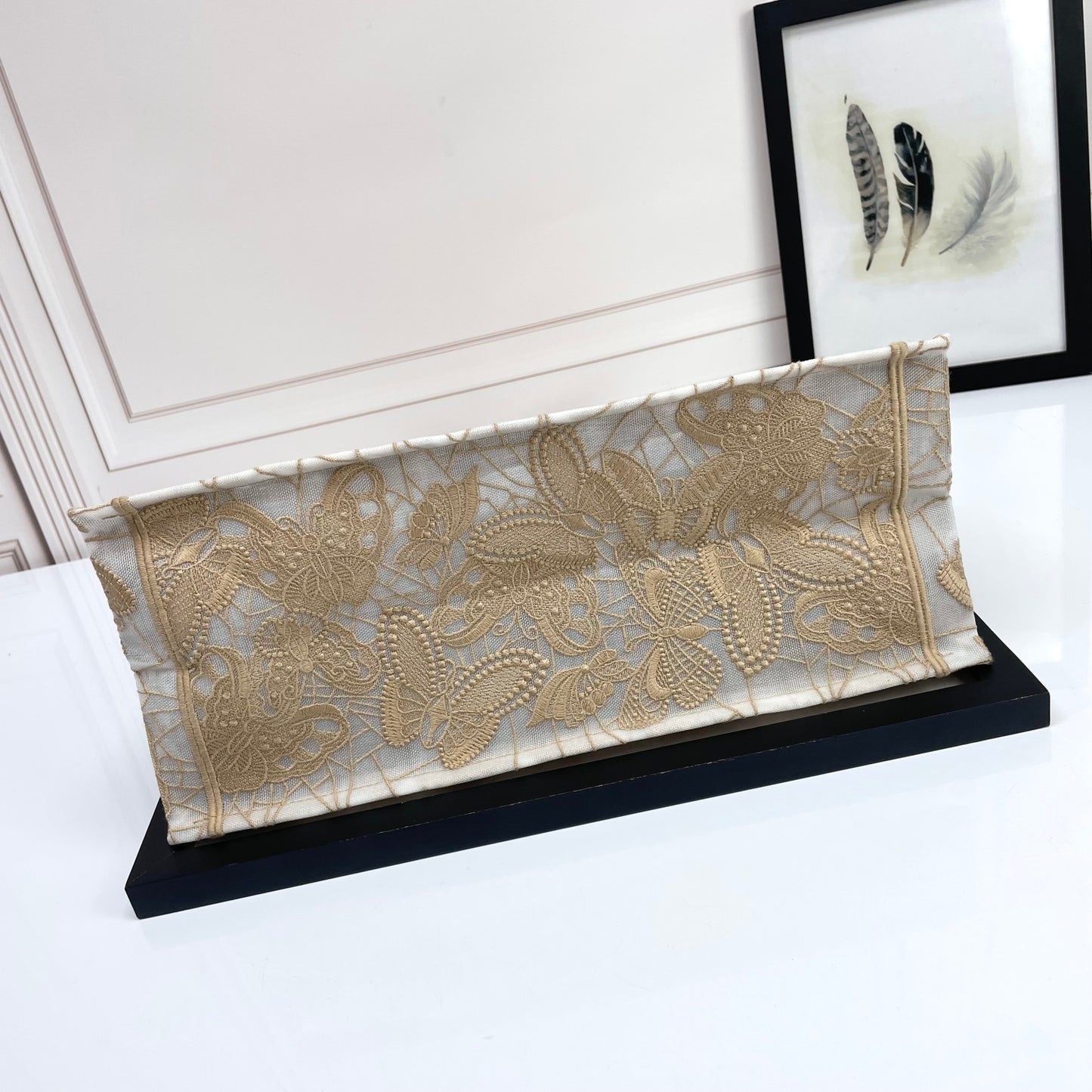 Dior Elegant Beige Floral Lace Embroidered Canvas Tote Bag