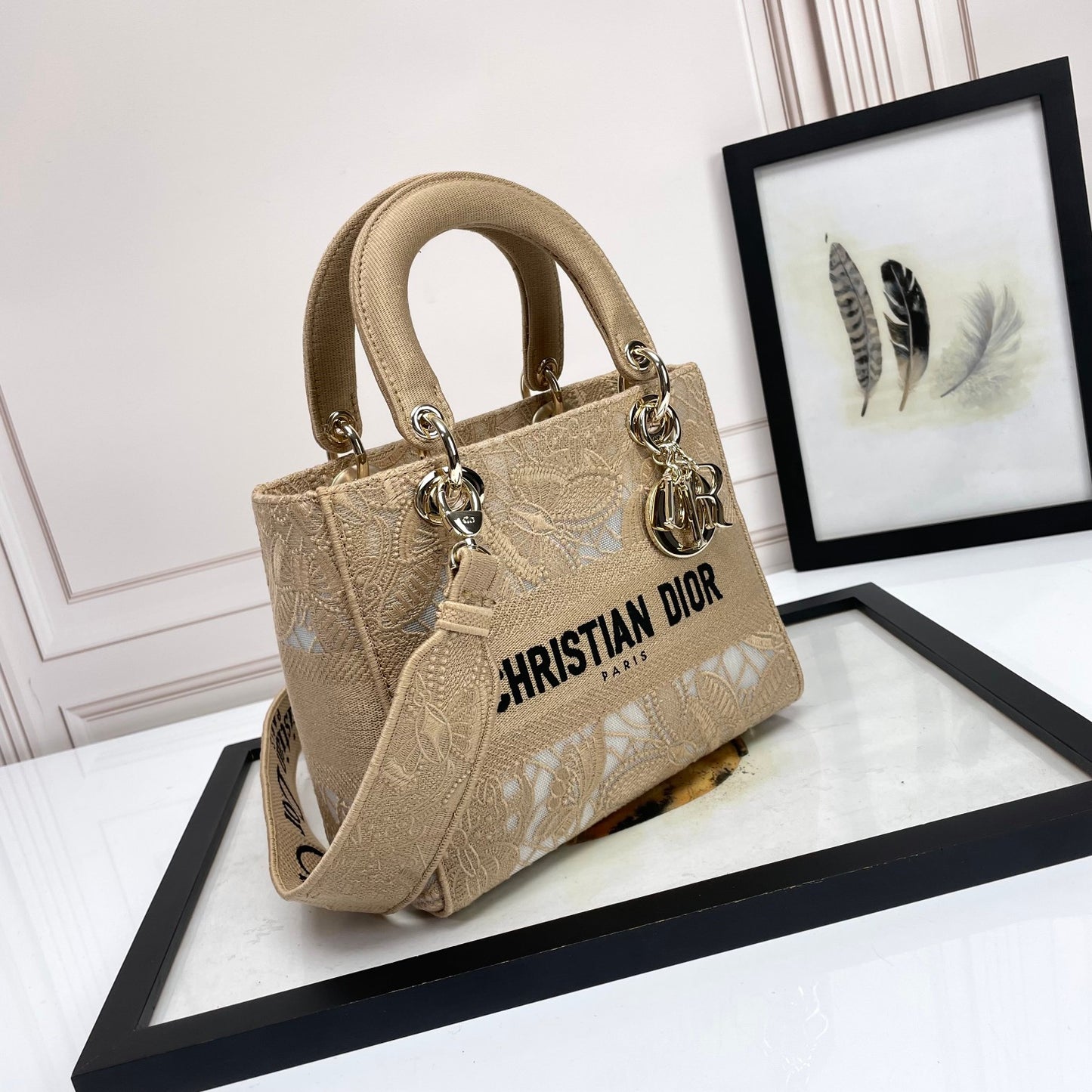 Dior Beige Floral Embroidered Top Handle Handbag with Strap