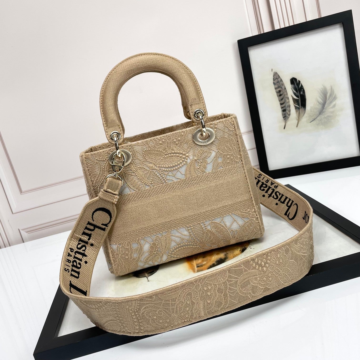 Christian Dior Lady D-Lite Bag - Beige Embroidered Canvas Handbag