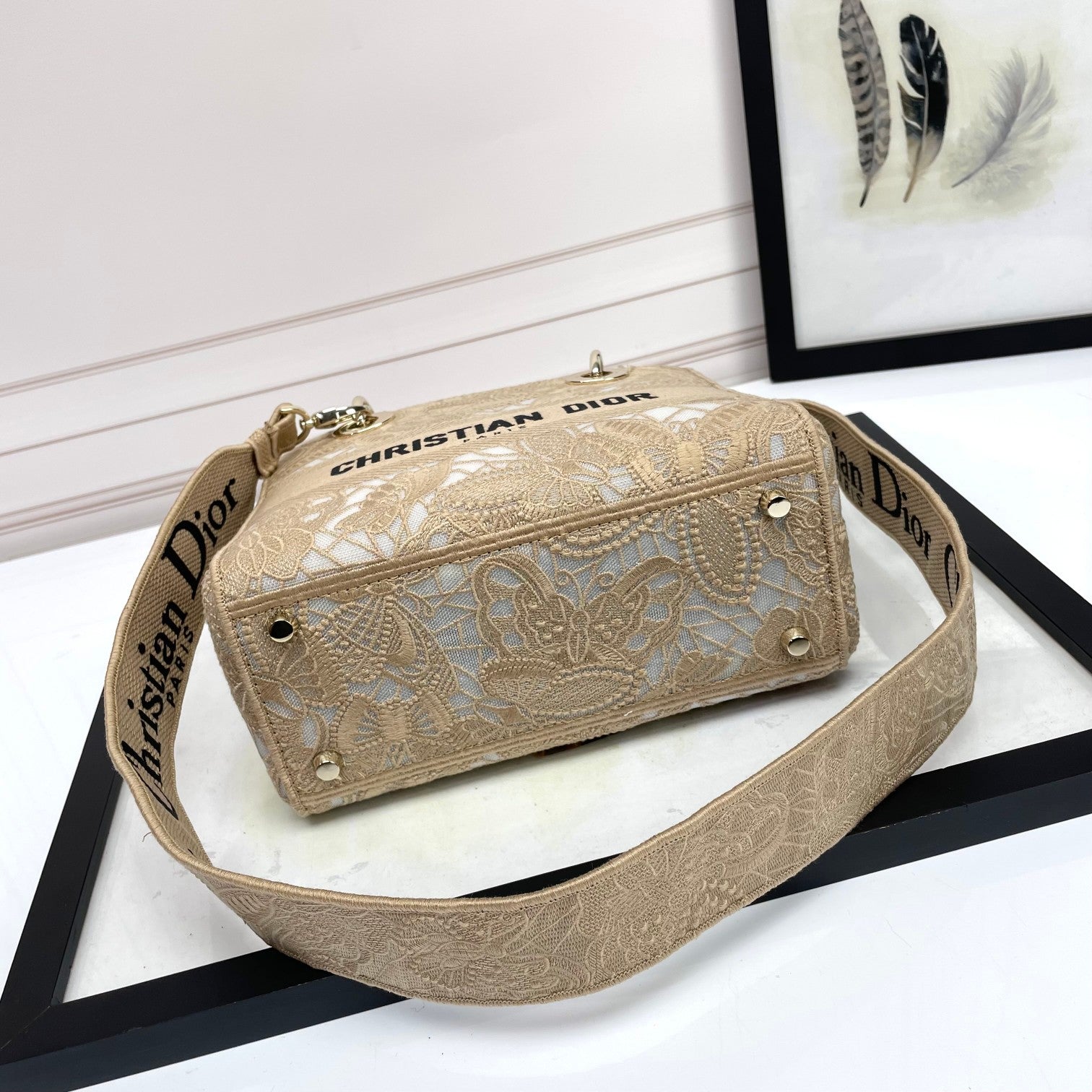 Christian Dior Lady D-Lite Handbag Beige Embroidered Canvas