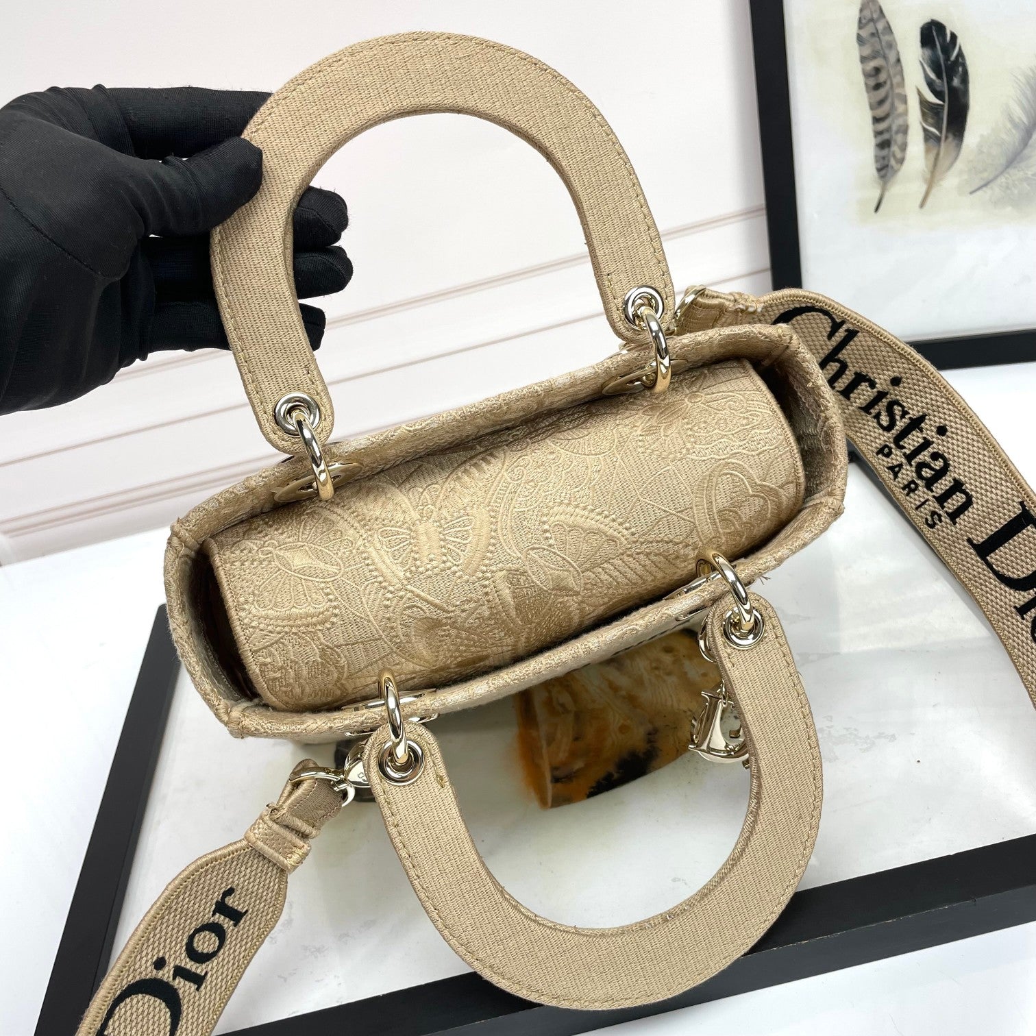 Dior Beige Floral Embroidered Top Handle Handbag with Strap