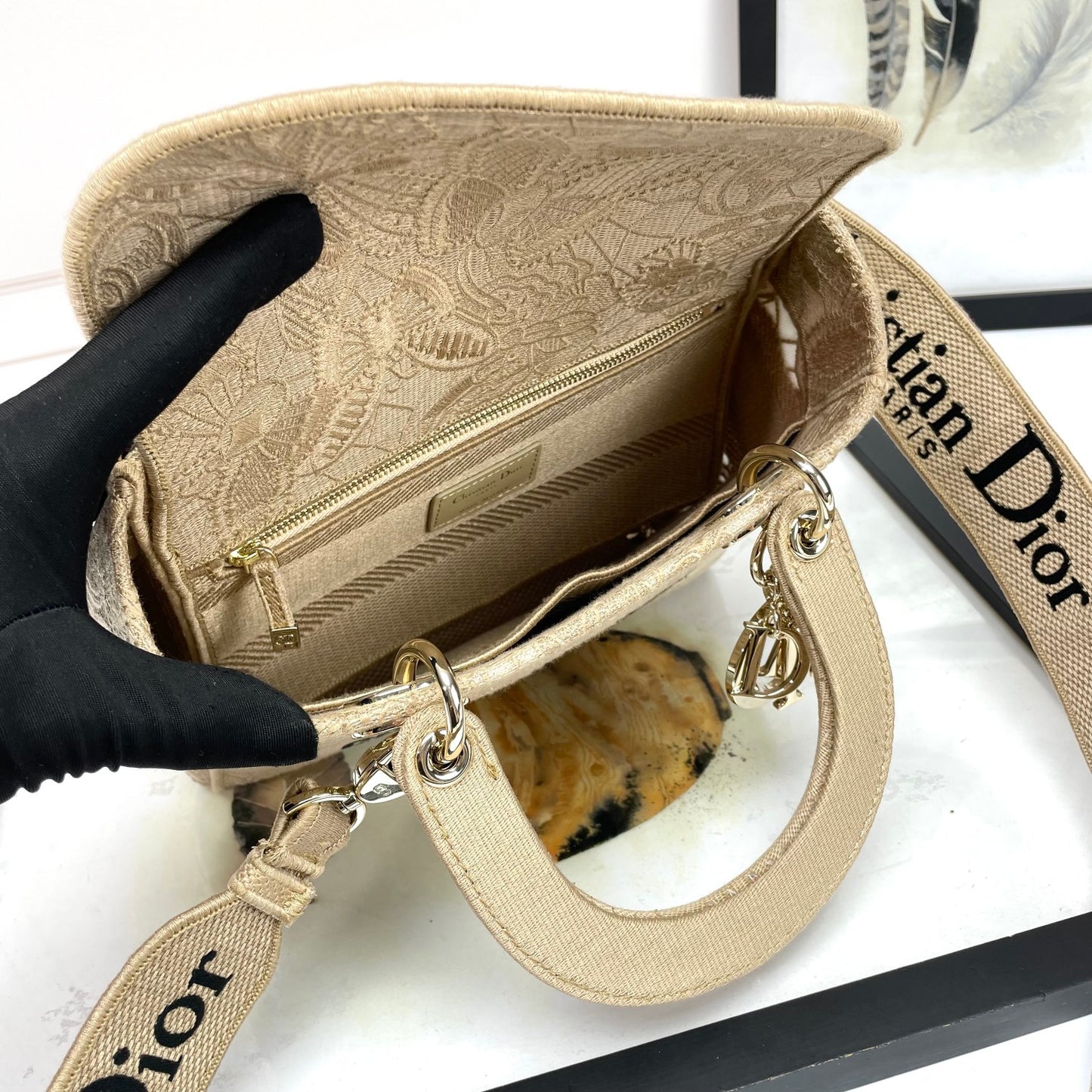 Christian Dior Lady D-Lite Handbag Beige Embroidered Canvas