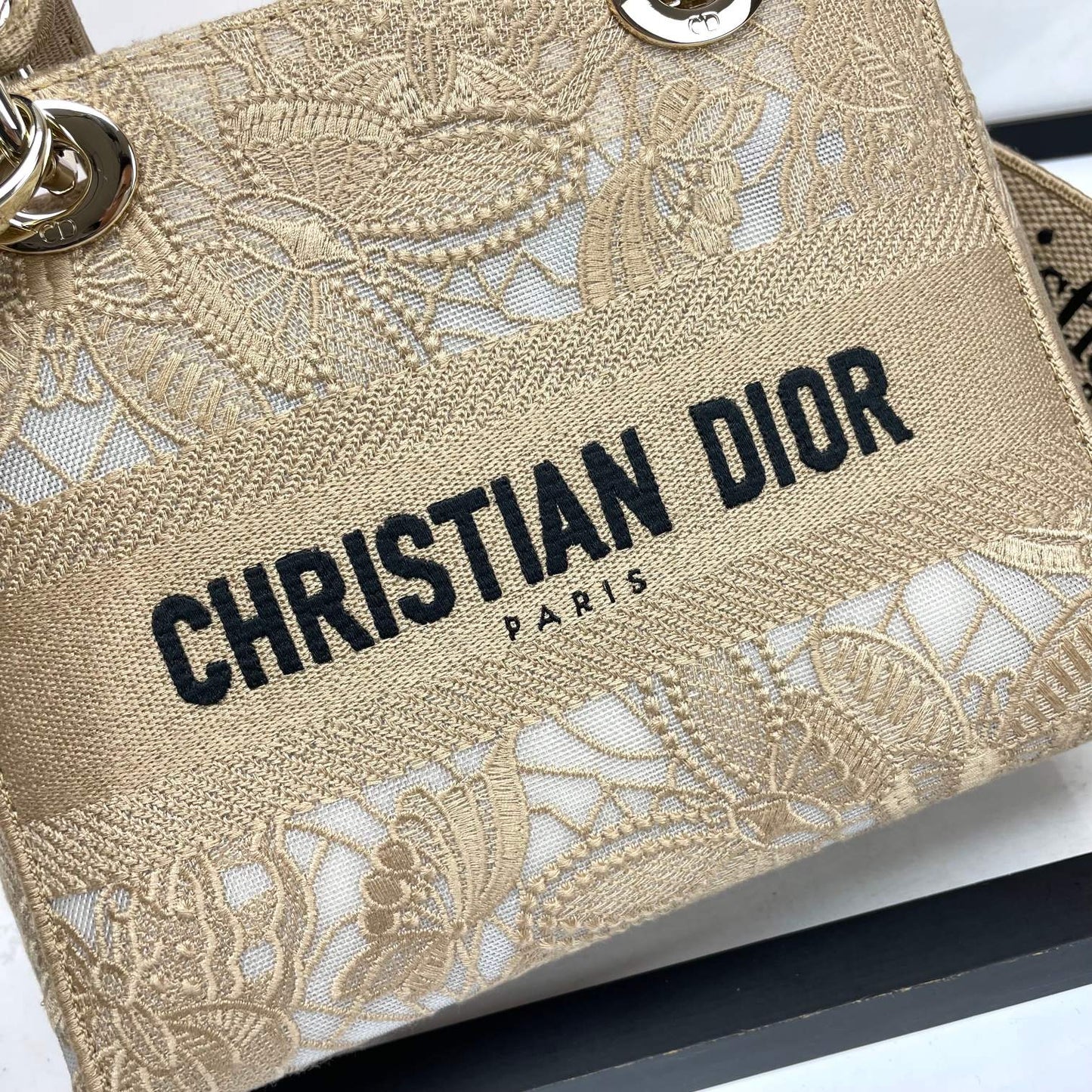 Dior Beige Floral Embroidered Top Handle Handbag with Strap