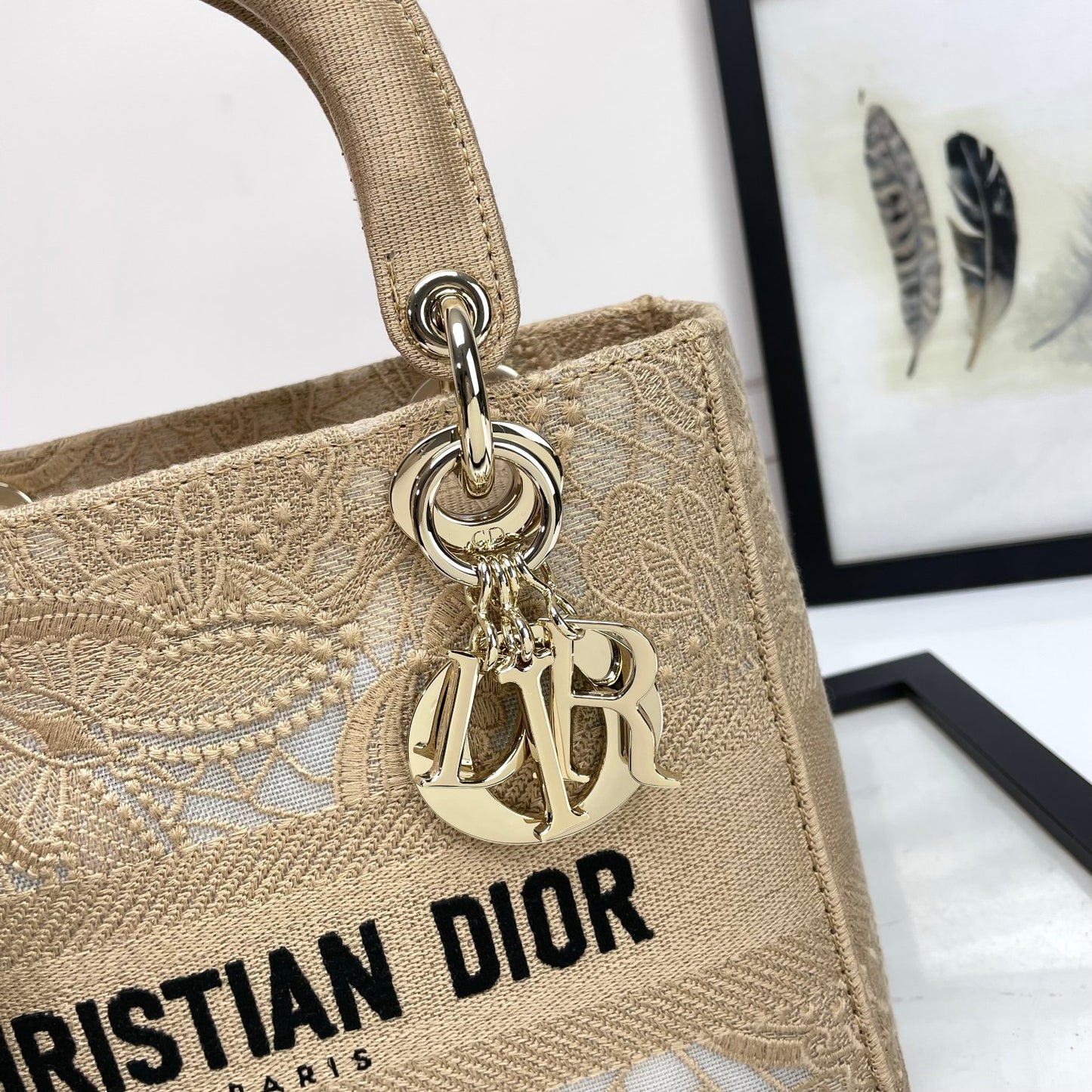 Dior Elegant Beige Embroidered Canvas Handbag with Shoulder Strap