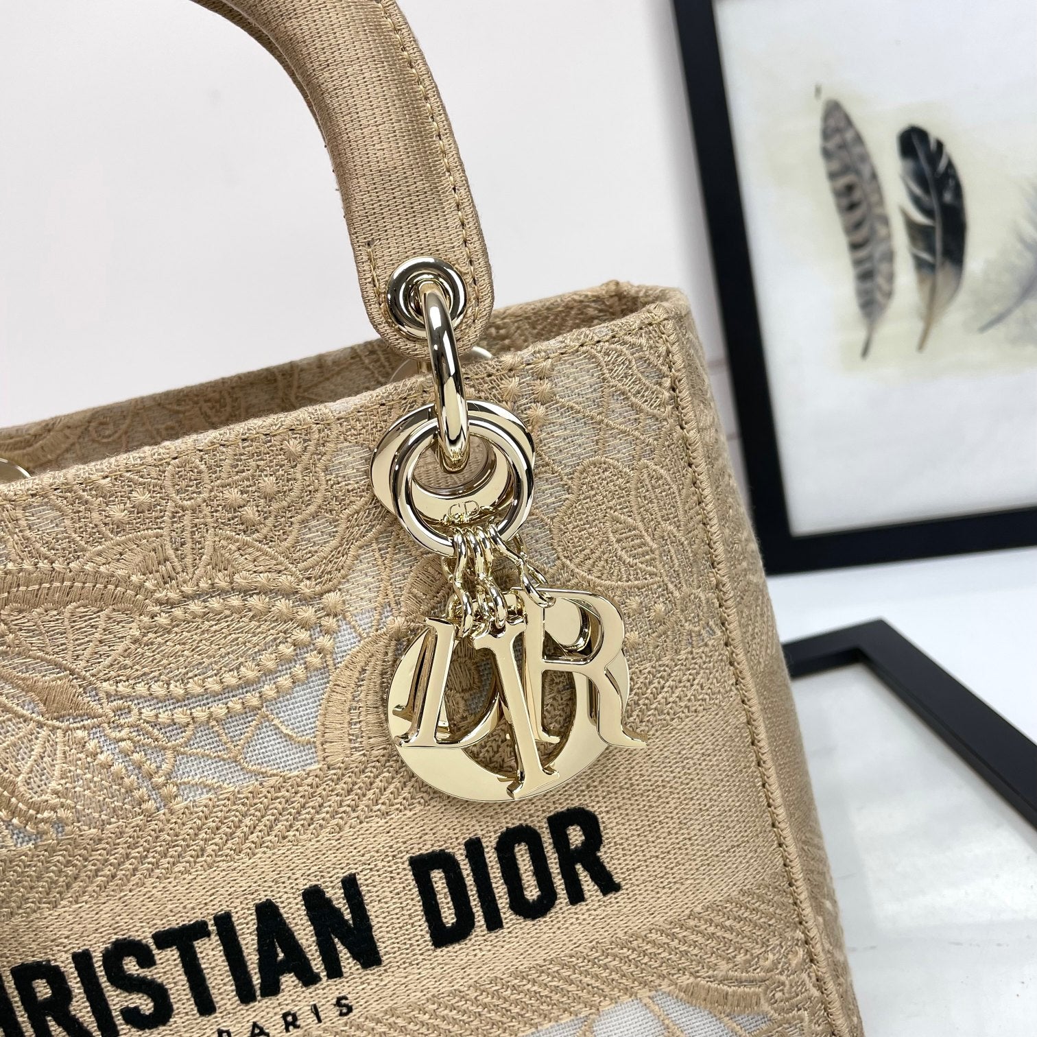 Dior Elegant Beige Embroidered Canvas Handbag with Shoulder Strap