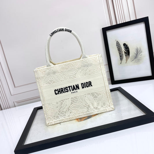 Dior Elegant Embroidered Floral Beige Canvas Tote Bag with Top Handles