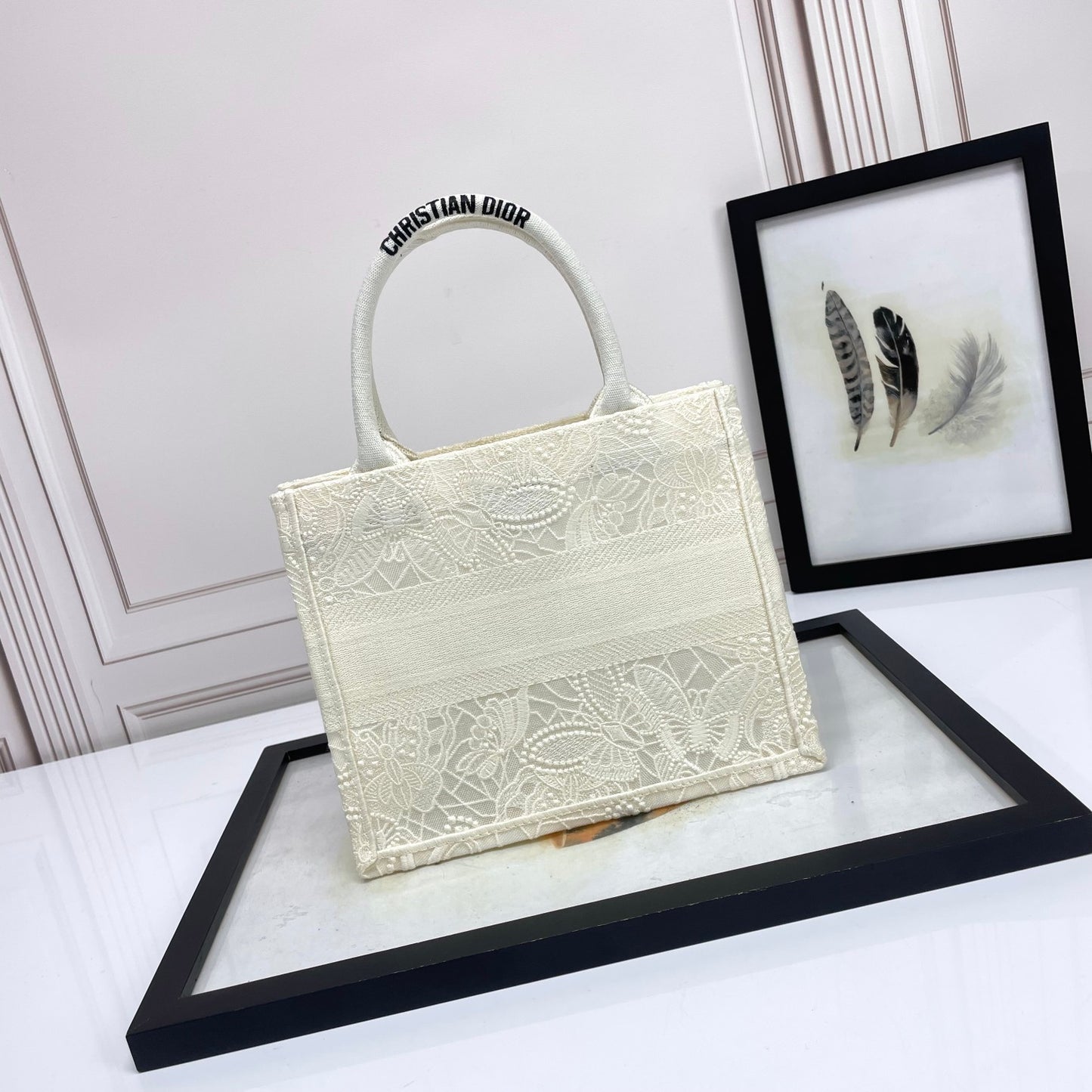 Christian Dior Small Book Tote Bag White Embroidered Canvas