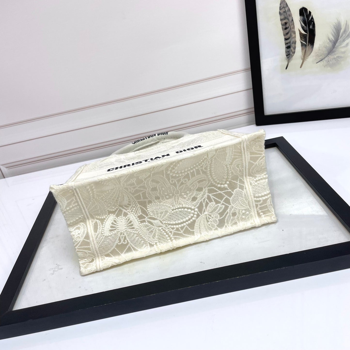 Christian Dior Small Book Tote Bag White Embroidered Canvas