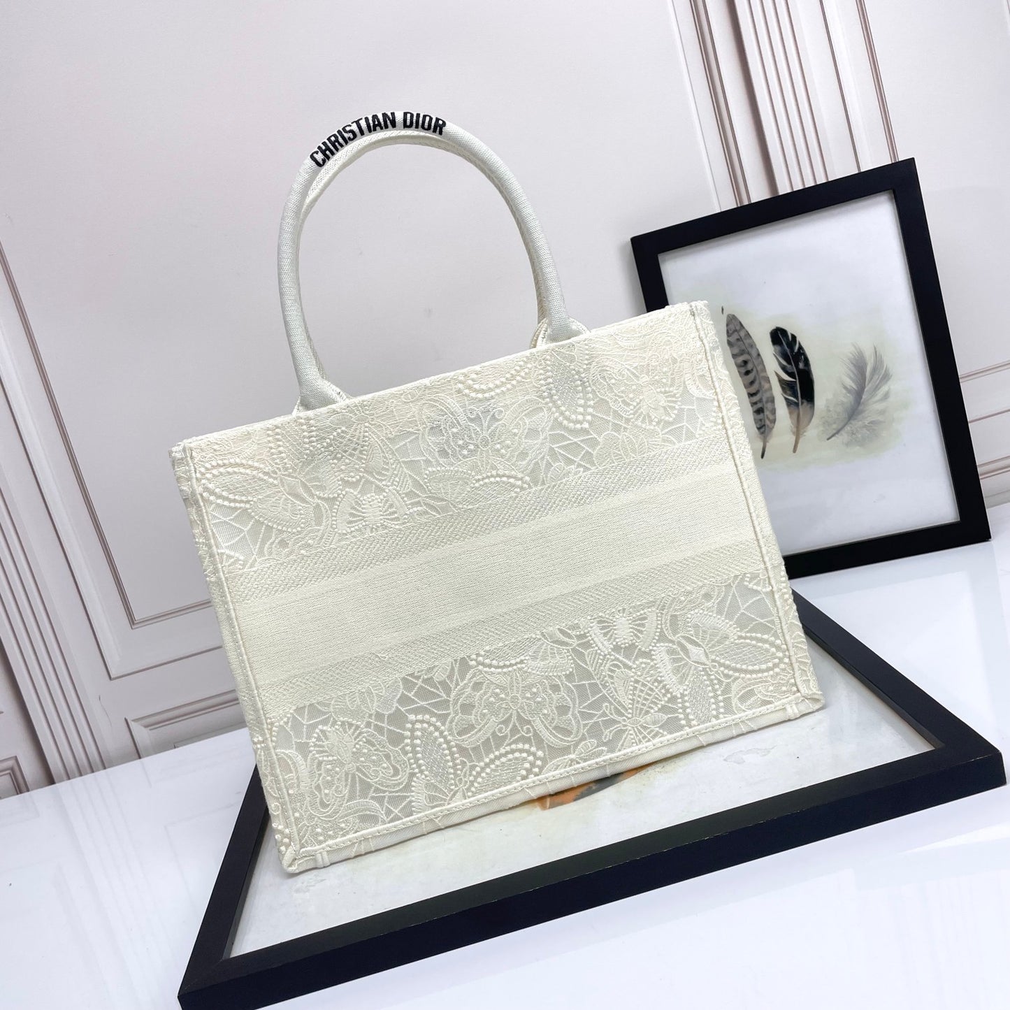 Dior Elegant Cream Canvas Tote Bag with Embroidered Lace Pattern