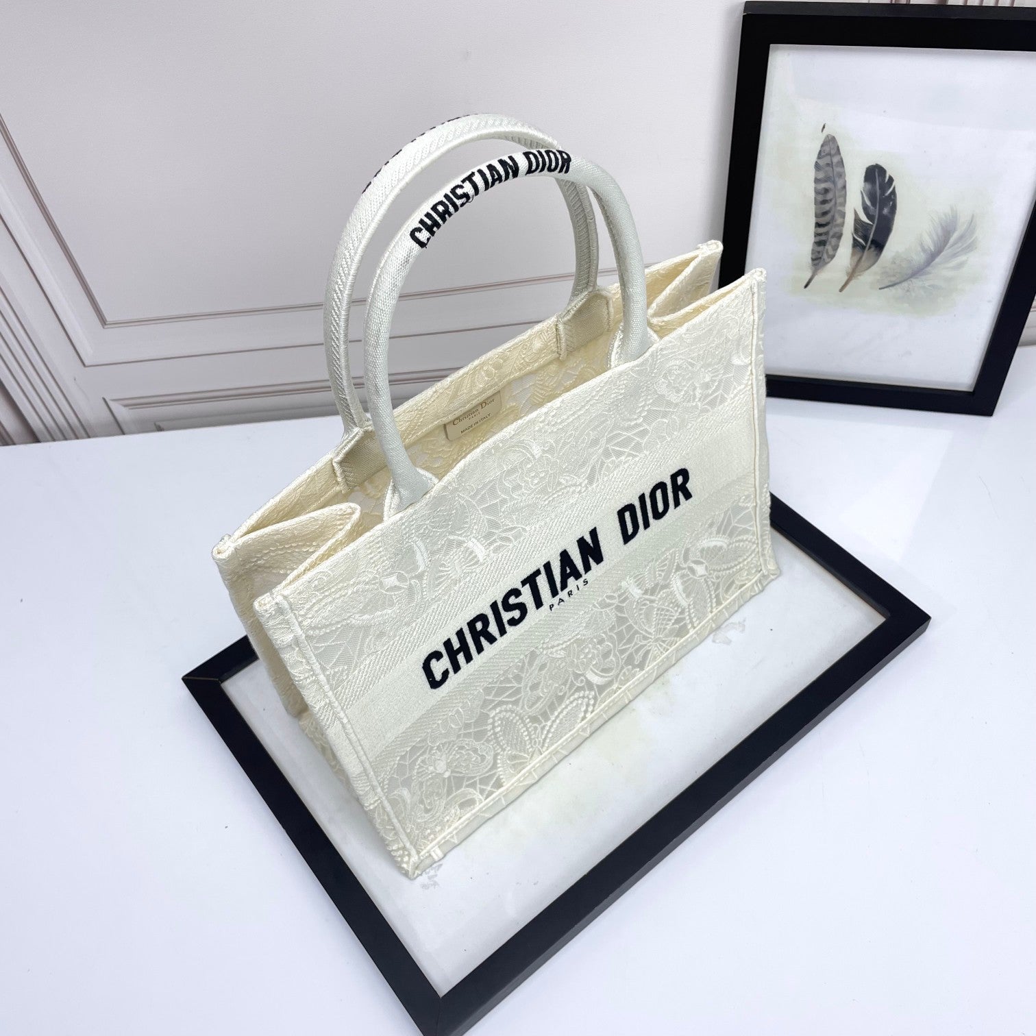 Dior Elegant Cream Canvas Tote Bag with Embroidered Lace Pattern