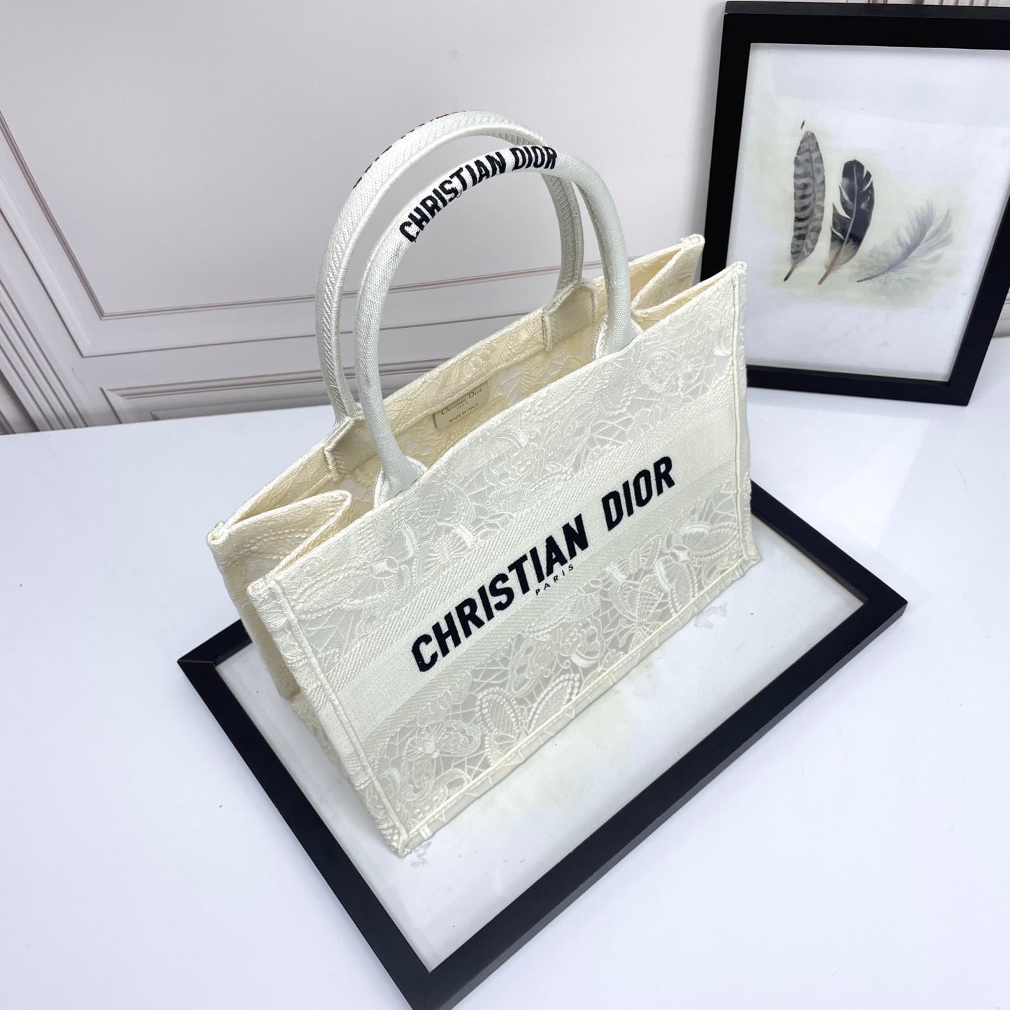 Dior Vintage Embroidered Canvas Tote Bag Floral Lace Shoulder Handbag