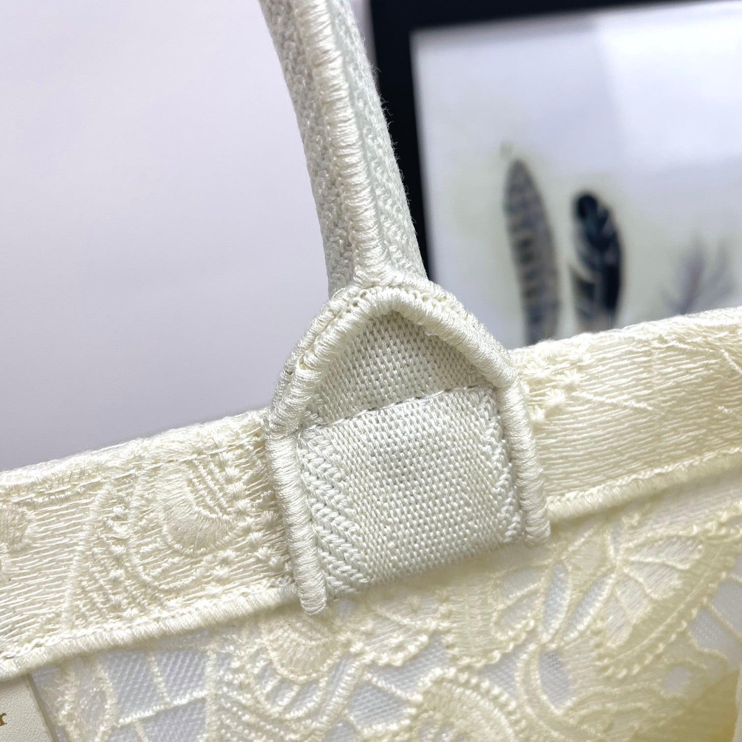 Dior Elegant Cream Canvas Tote Bag with Embroidered Lace Pattern