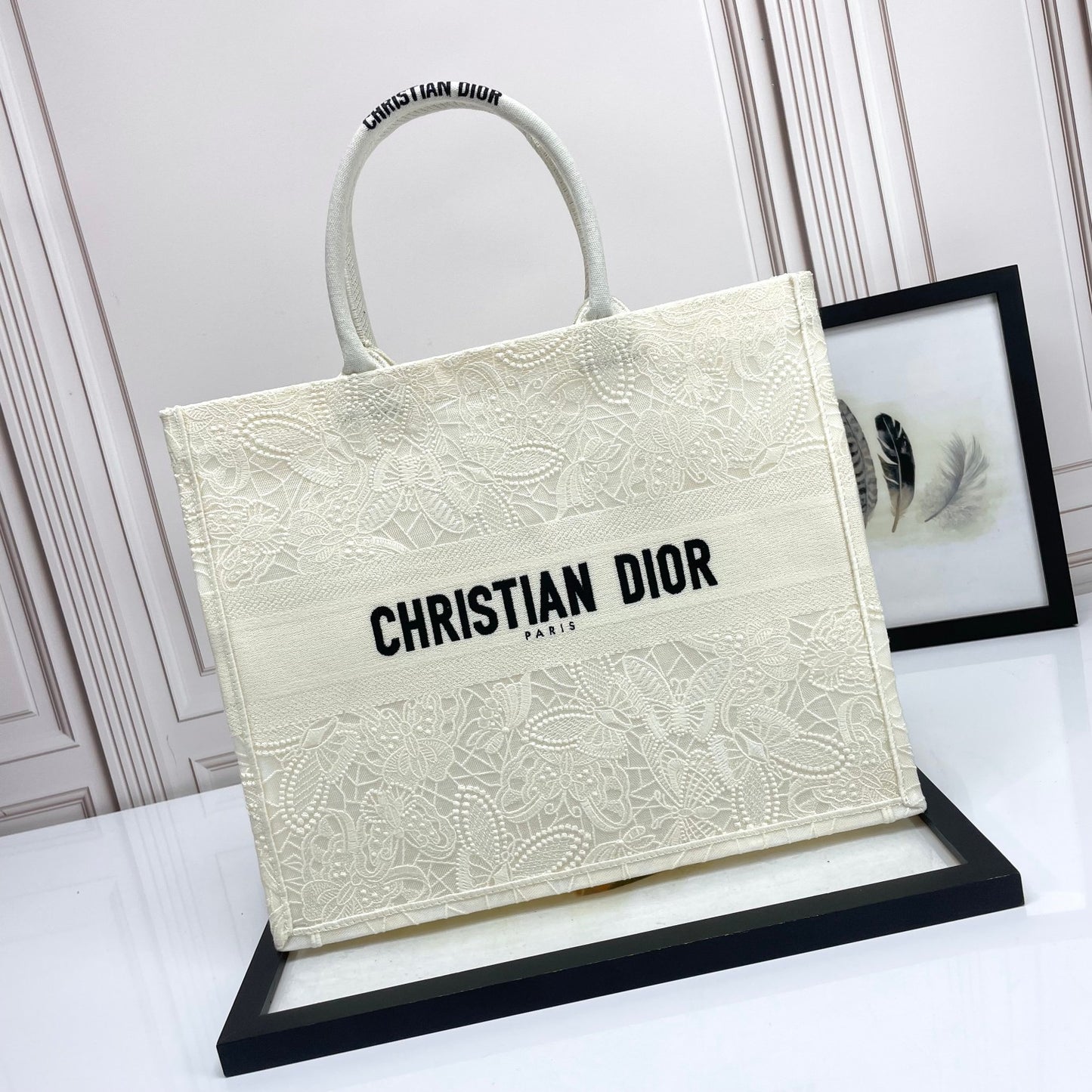 Dior Elegant White Floral Embroidered Canvas Top Handle Tote Bag