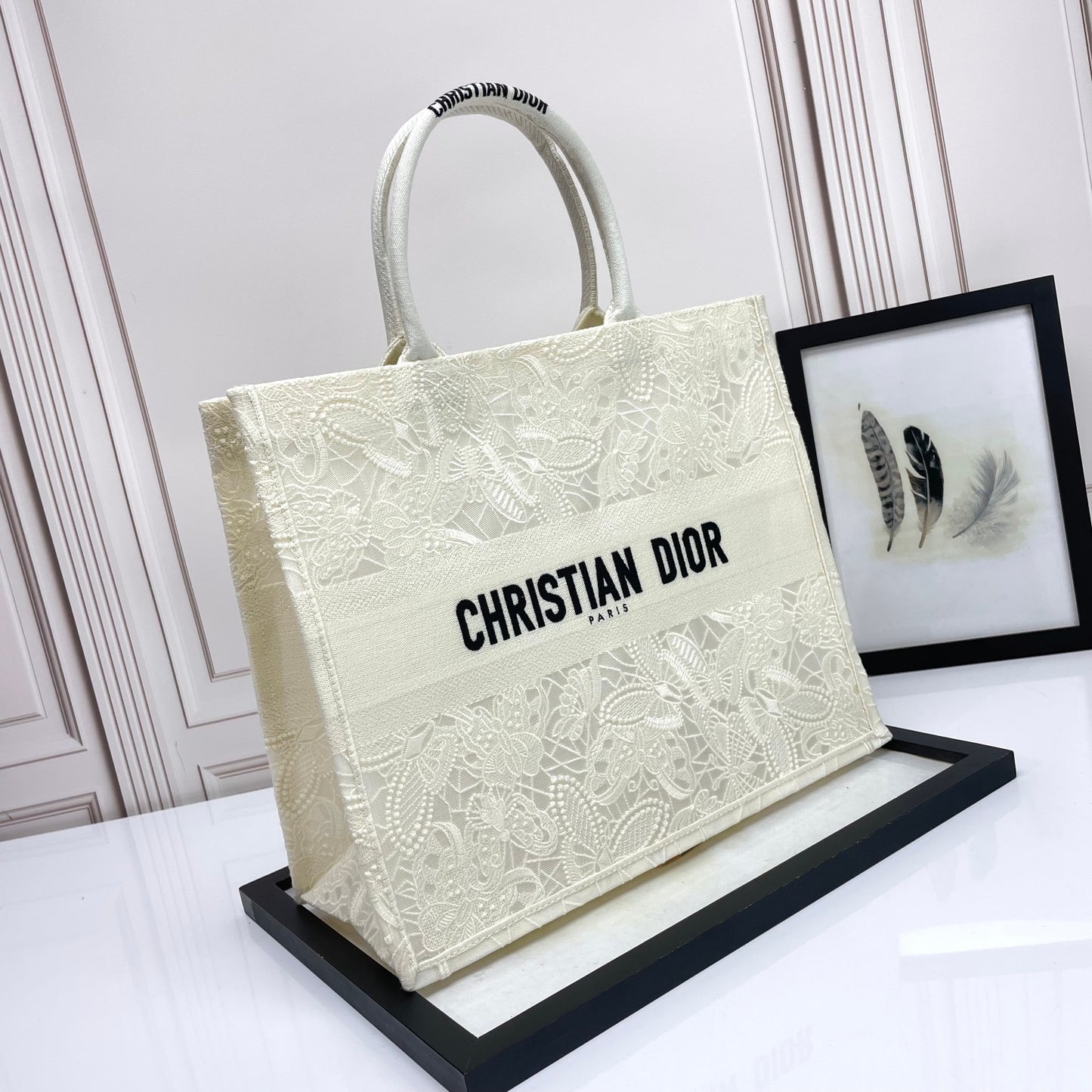 Dior Large Cream Floral Embroidered Canvas Tote Bag with Top Handles