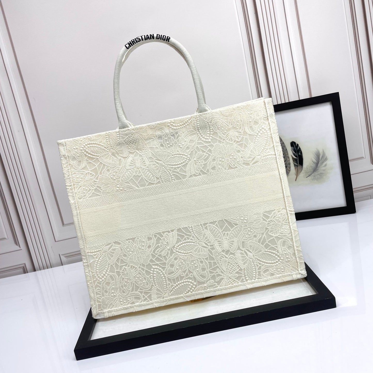Dior Elegant White Floral Embroidered Canvas Top Handle Tote Bag